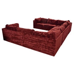 Vintage Milo Baughman Style Red Velour Three-Piece Sectional Sofa Set by Aven Rich