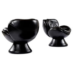  Post-Modern Pedestal Base Black Leather Swivel Pod Chairs by Jaymar of Canada