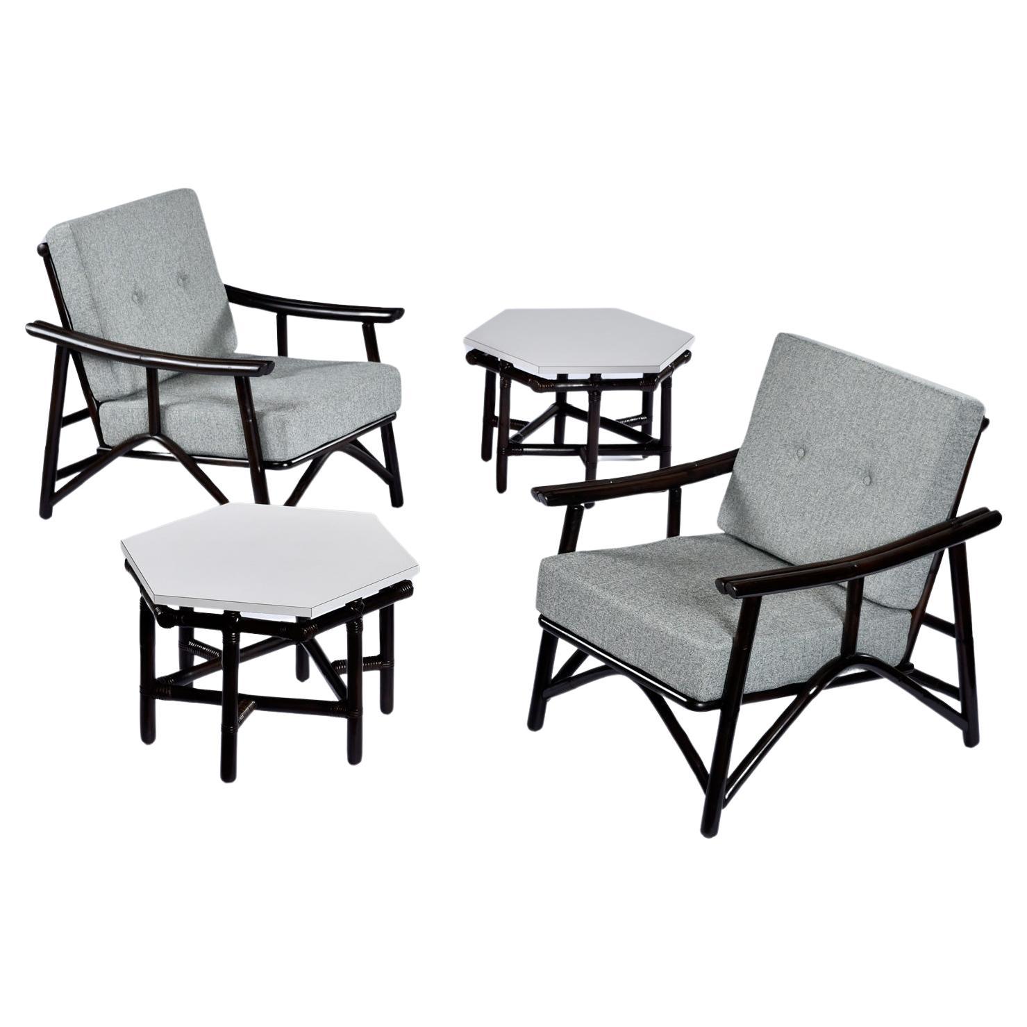 John Wisner for Ficks Reed Far Horizons Rattan Lounge Chairs With End Tables