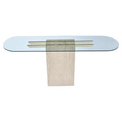 Table console en travertin avec incrustation de laiton, style Maitland Smith, années 1970