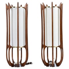 Pair of Modeline Model 635 Cylinder Shaped Sculptured Walnut Table Lamps