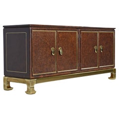 Mastercraft Hollywood Regency Brass Accent Faux Leather Asian Modern Credenza