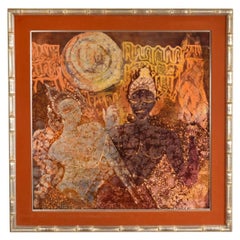 Large Indonesian Batik Painting, Figural Design, 1970s, Silver Frame Large Indonesian Batik Painting, Figural Design, 1970s, Silver Frame