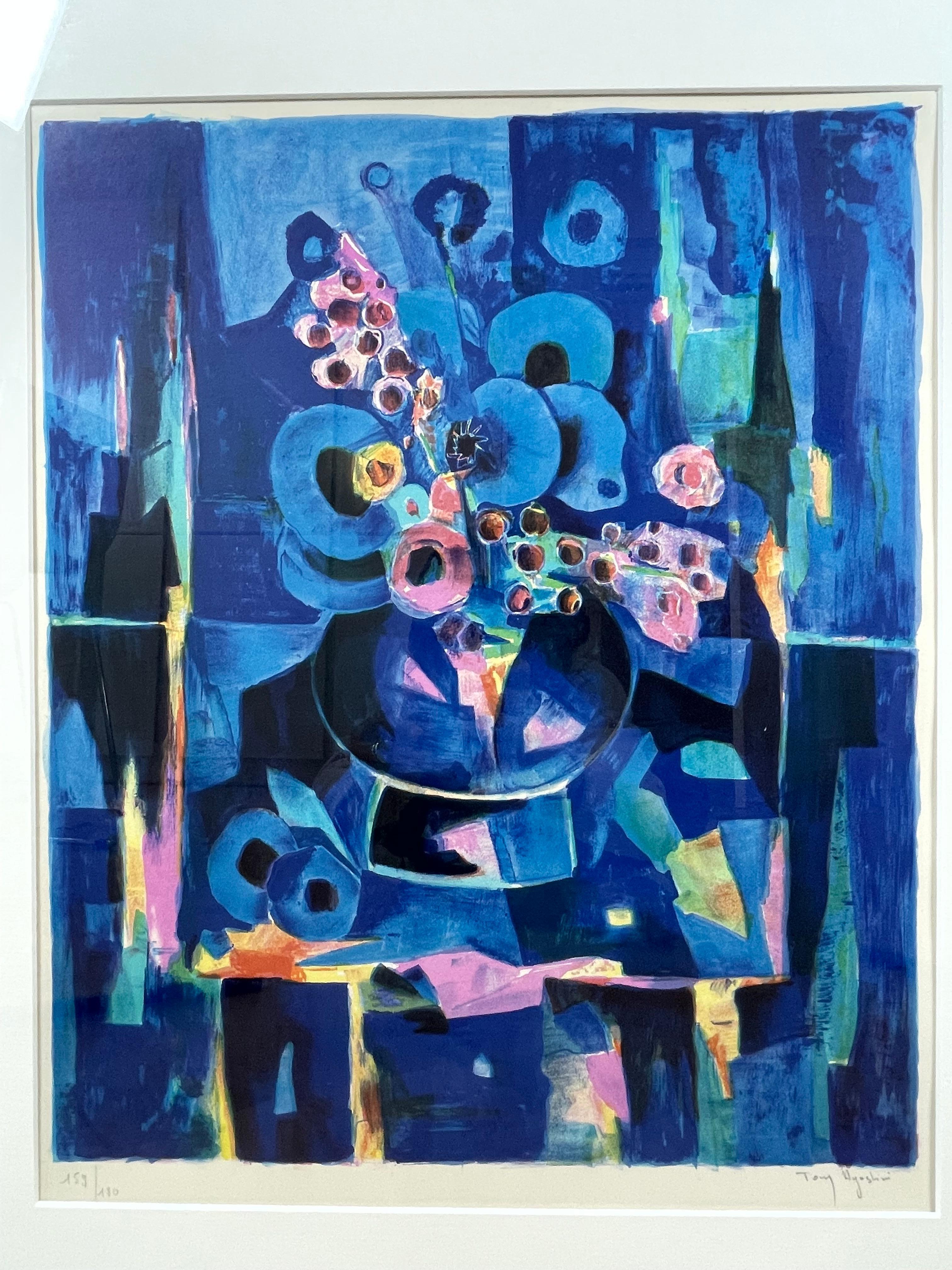 Tony Agostini Pencil Signed Limited Bouquet Au Vase Bleu Lithograph Custom Frame For Sale 2