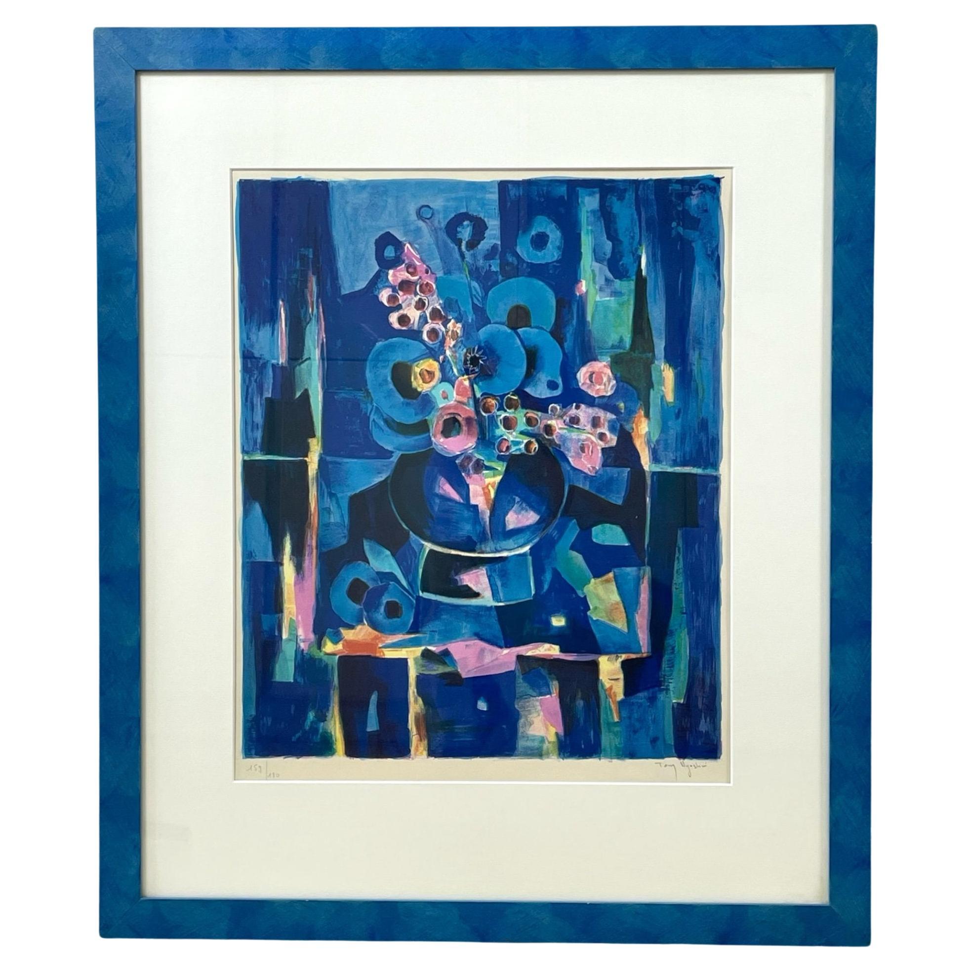Tony Agostini Pencil Signed Limited Bouquet Au Vase Bleu Lithograph Custom Frame For Sale