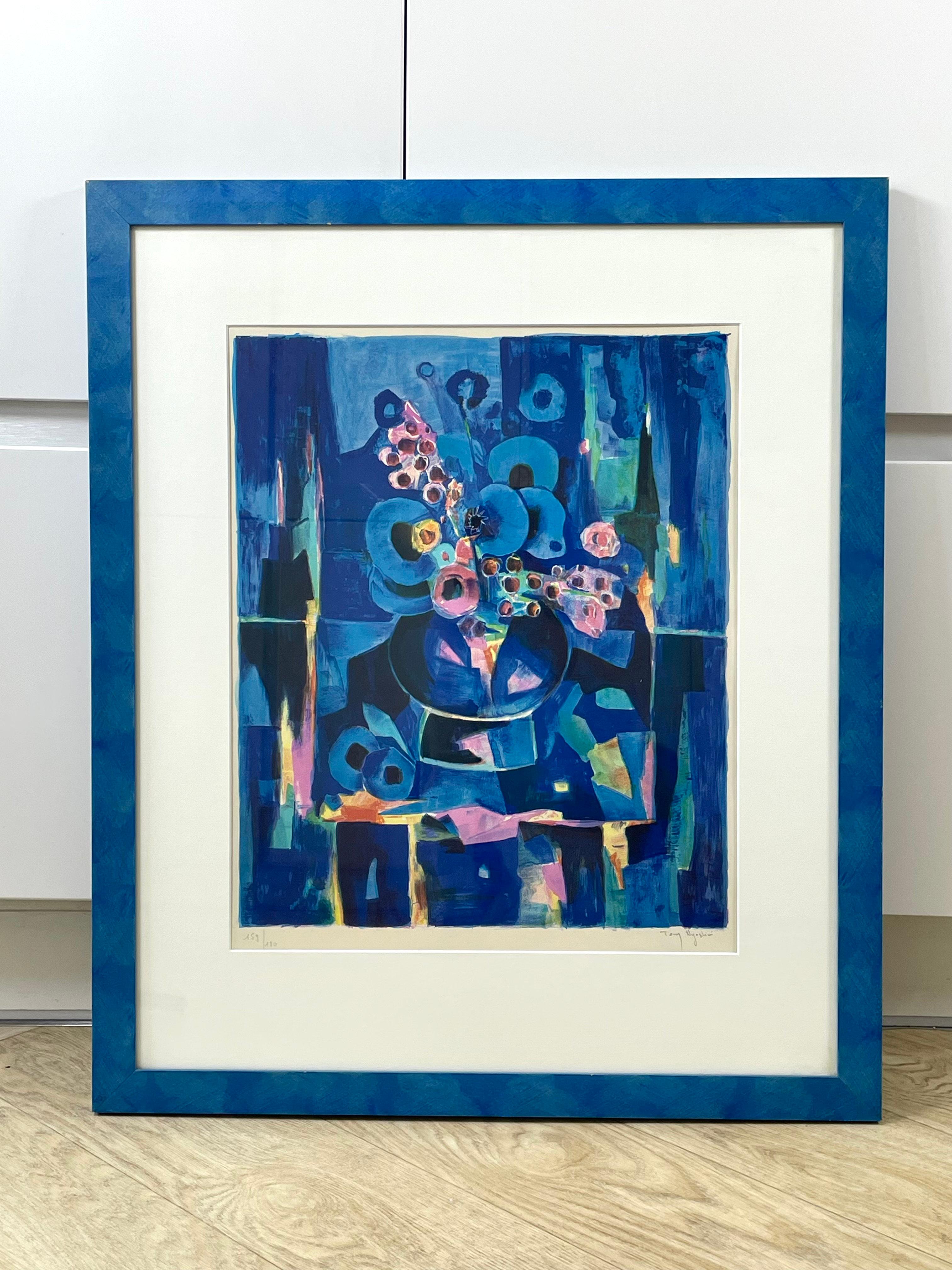 Late 20th Century Tony Agostini Pencil Signed Limited Bouquet Au Vase Bleu Lithograph Custom Frame For Sale