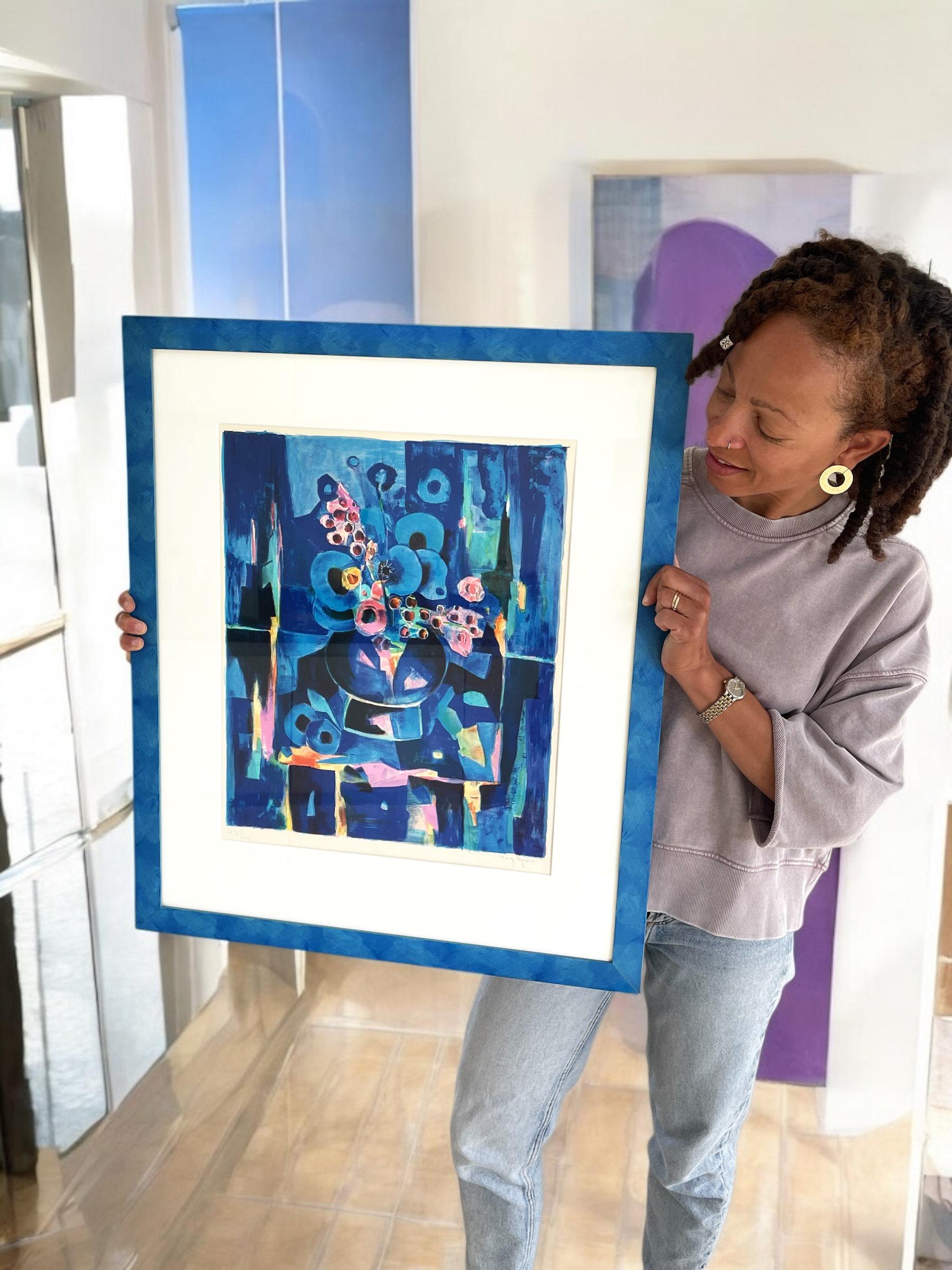 French Tony Agostini Pencil Signed Limited Bouquet Au Vase Bleu Lithograph Custom Frame For Sale