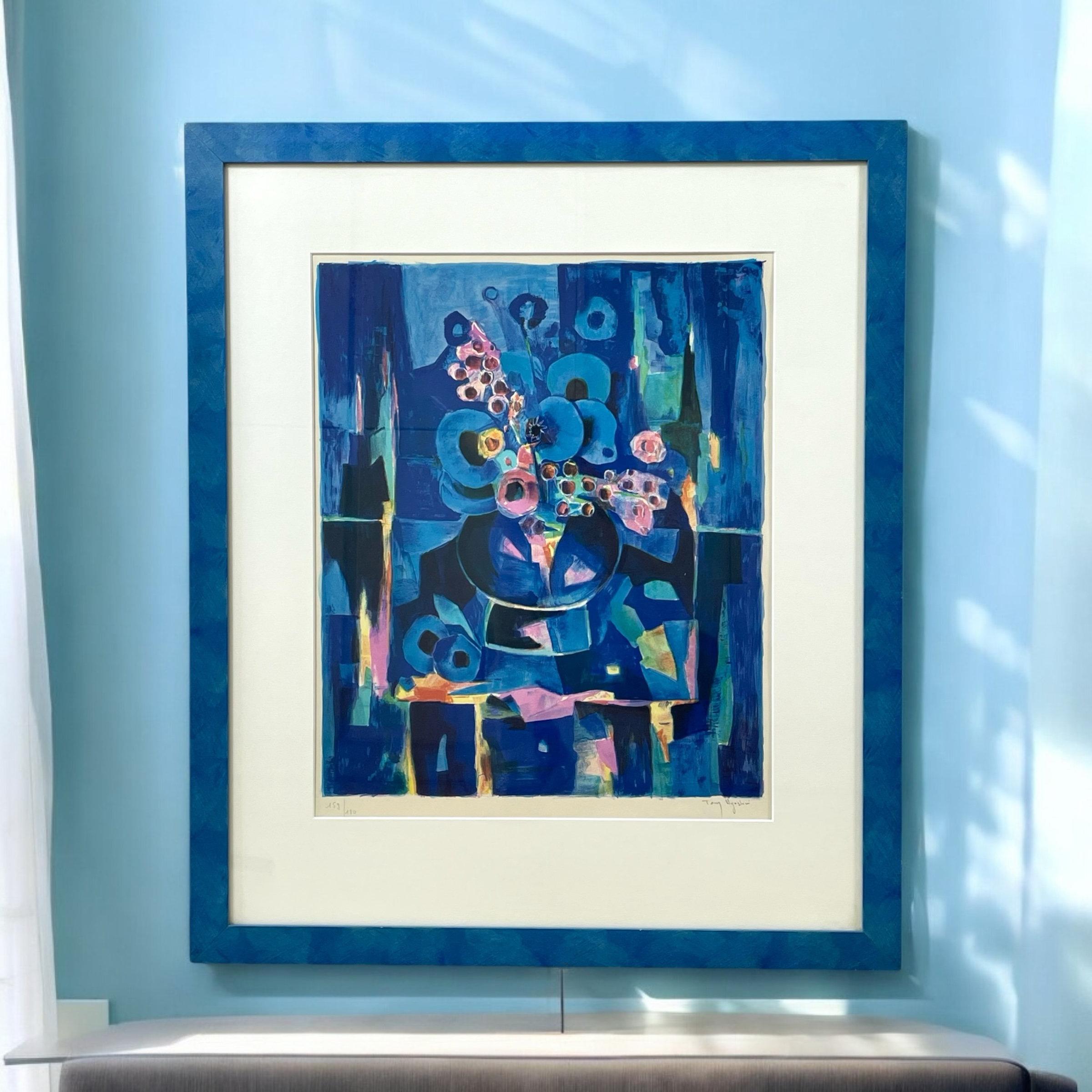 Organic Modern Tony Agostini Pencil Signed Limited Bouquet Au Vase Bleu Lithograph Custom Frame For Sale