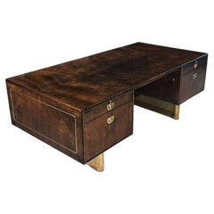 1970s Romweber Burl Wood and Gold Trim Executive Desk with Filing Drawers