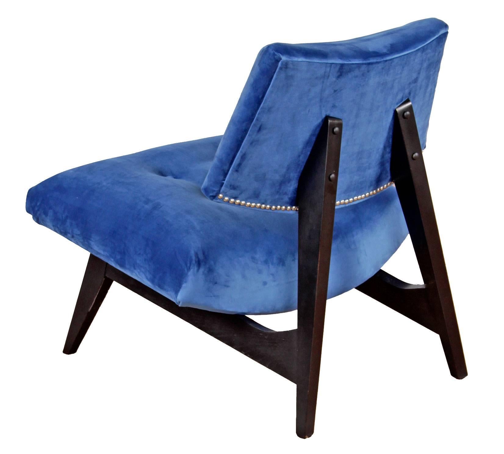 American Jens Risom Style Blue Velvet Slipper Chair