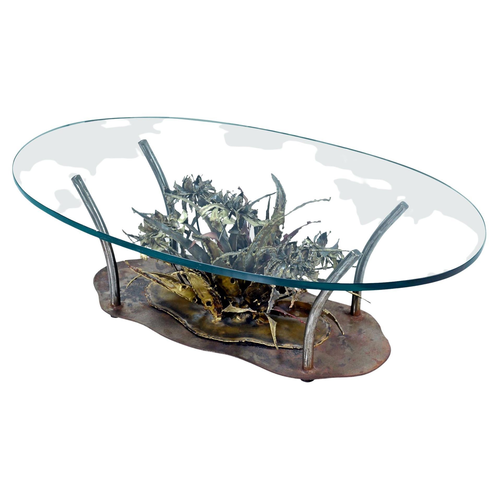 Torch Cut Brutalist Silas Seandel Coffee Table, Underwater Seascape, 1970s