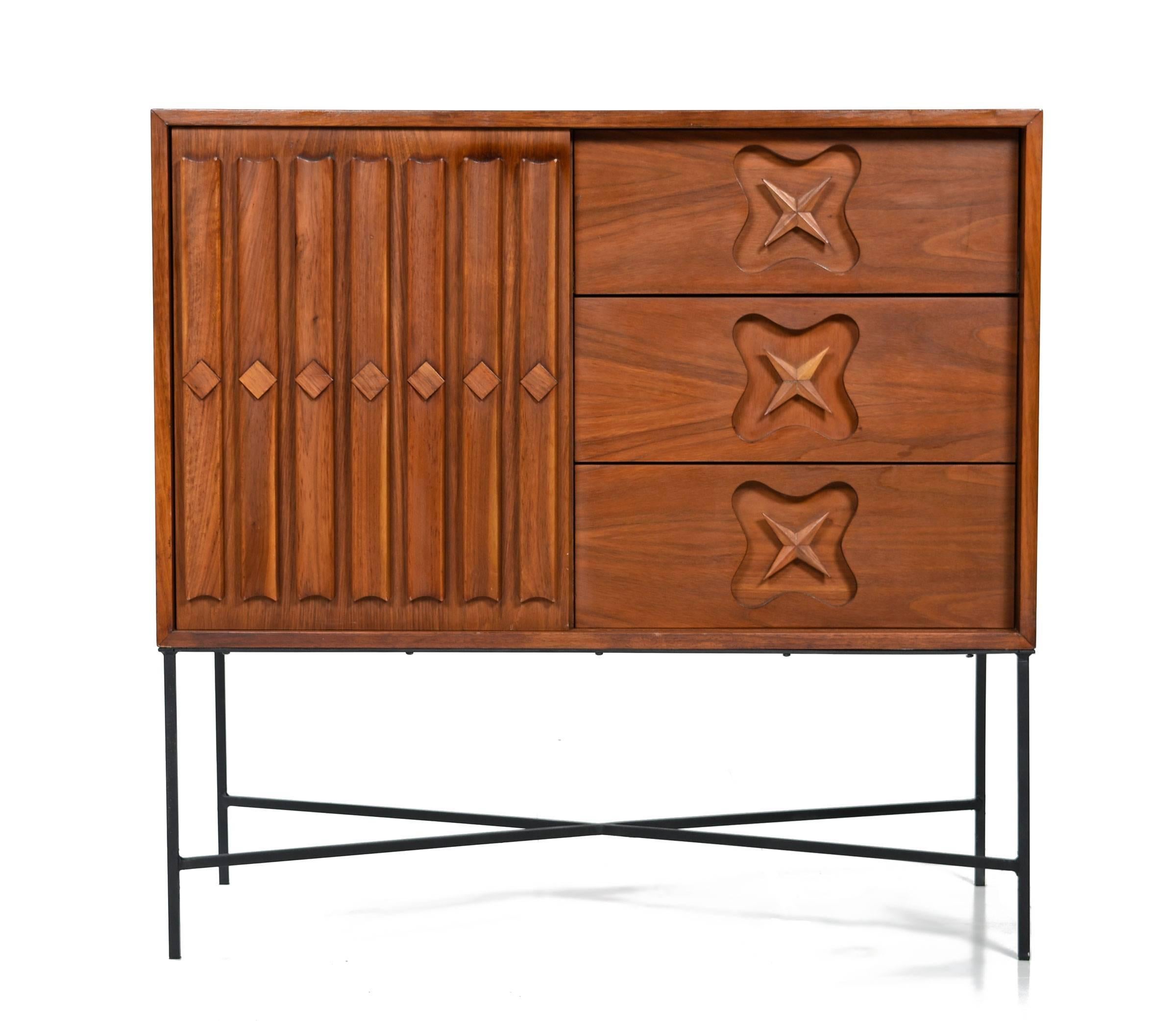 This one-of-a-kind chest of drawers is a stunner! The original Mid-Century Modern walnut cabinet has been professionally refinished and mounted to a custom-made, hand welded, wrought iron base. There isn't another like it anywhere! Use this piece as