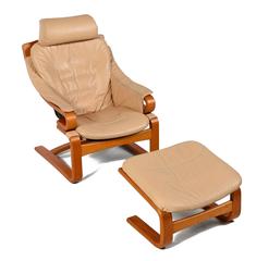 Danish Modern Skipper Mobler Teak and Leather Armchair with Ottoman, 1980s