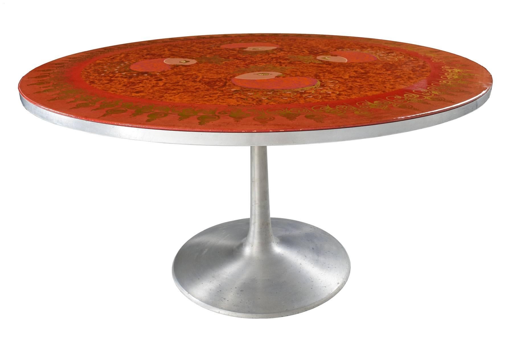 Poul Cadovius aluminium base dining table decorated by Susanne Fjeldsøe also known as the artist, Mygge. Signed. 

Original enamel finished has preserved the beautiful artwork underneath. However, sun fading has lighted one side of the table.