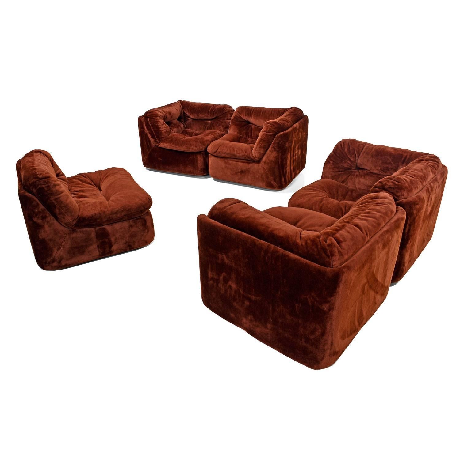 Faux Fur Milo Baughman Style Five-Piece Group Modular Sofa Sectional, 1970s