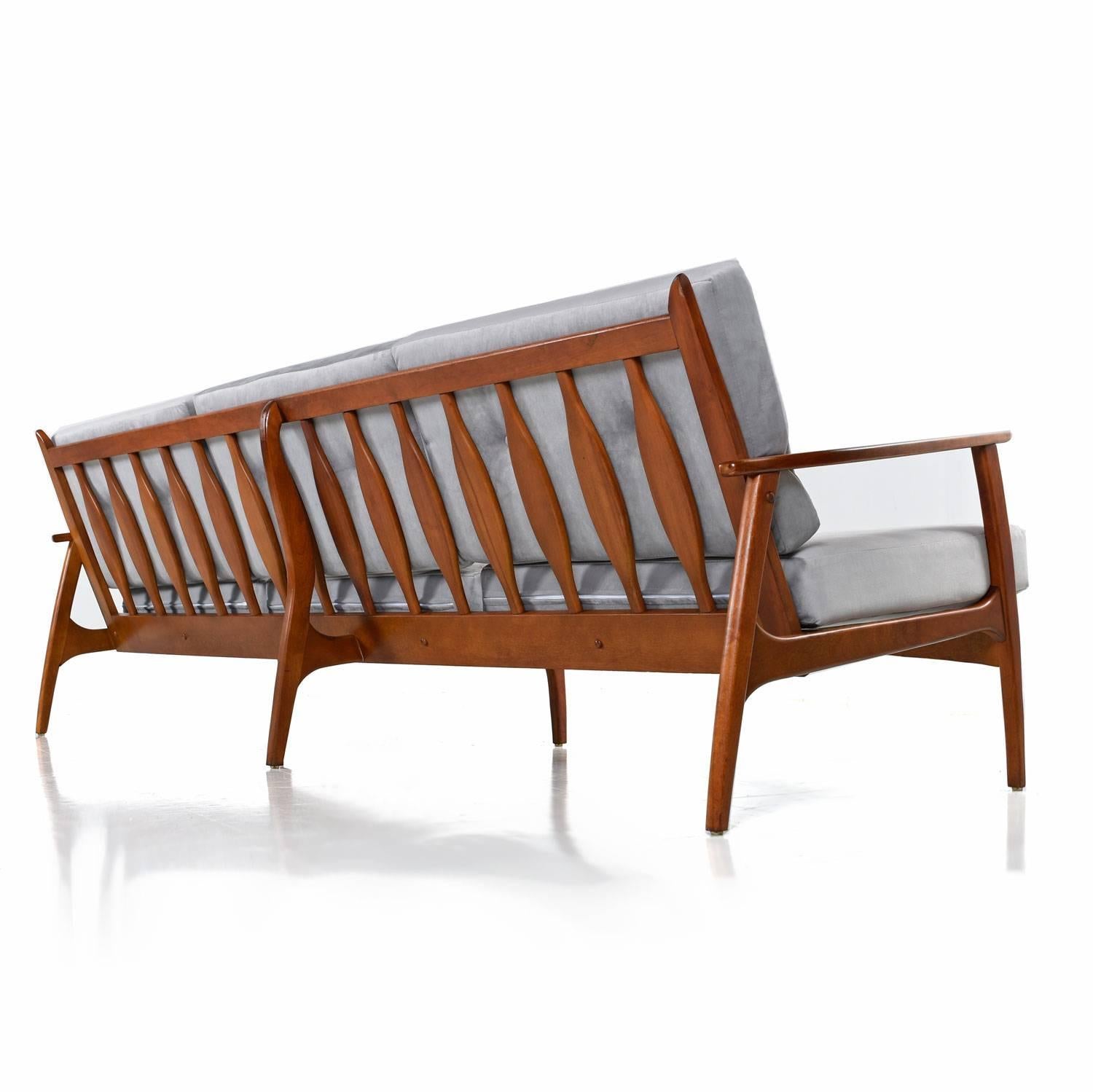 American Mid-Century Modern Grete Jalk Style Three-Seat Wood Frame Grey Velvet Sofa Couch