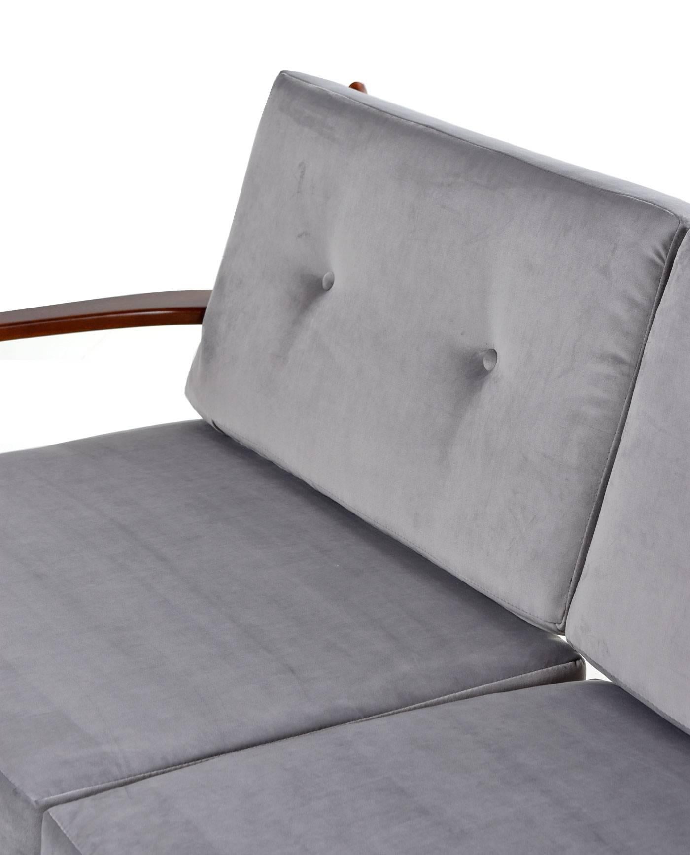 Beech Mid-Century Modern Grete Jalk Style Three-Seat Wood Frame Grey Velvet Sofa Couch