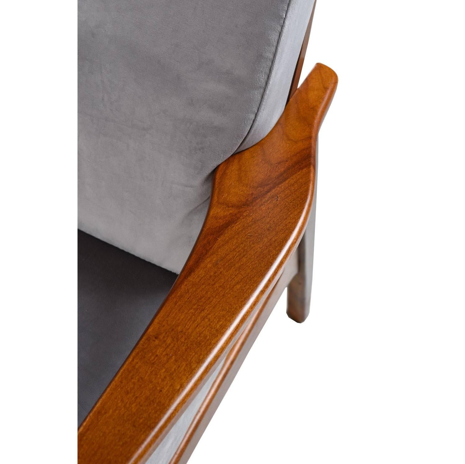 Mid-Century Modern Grete Jalk Style Three-Seat Wood Frame Grey Velvet Sofa Couch 1
