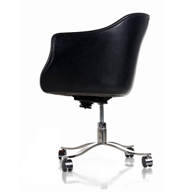 Vintage Nicos Zographos Black Leather and Chrome Base Bucket Chair on