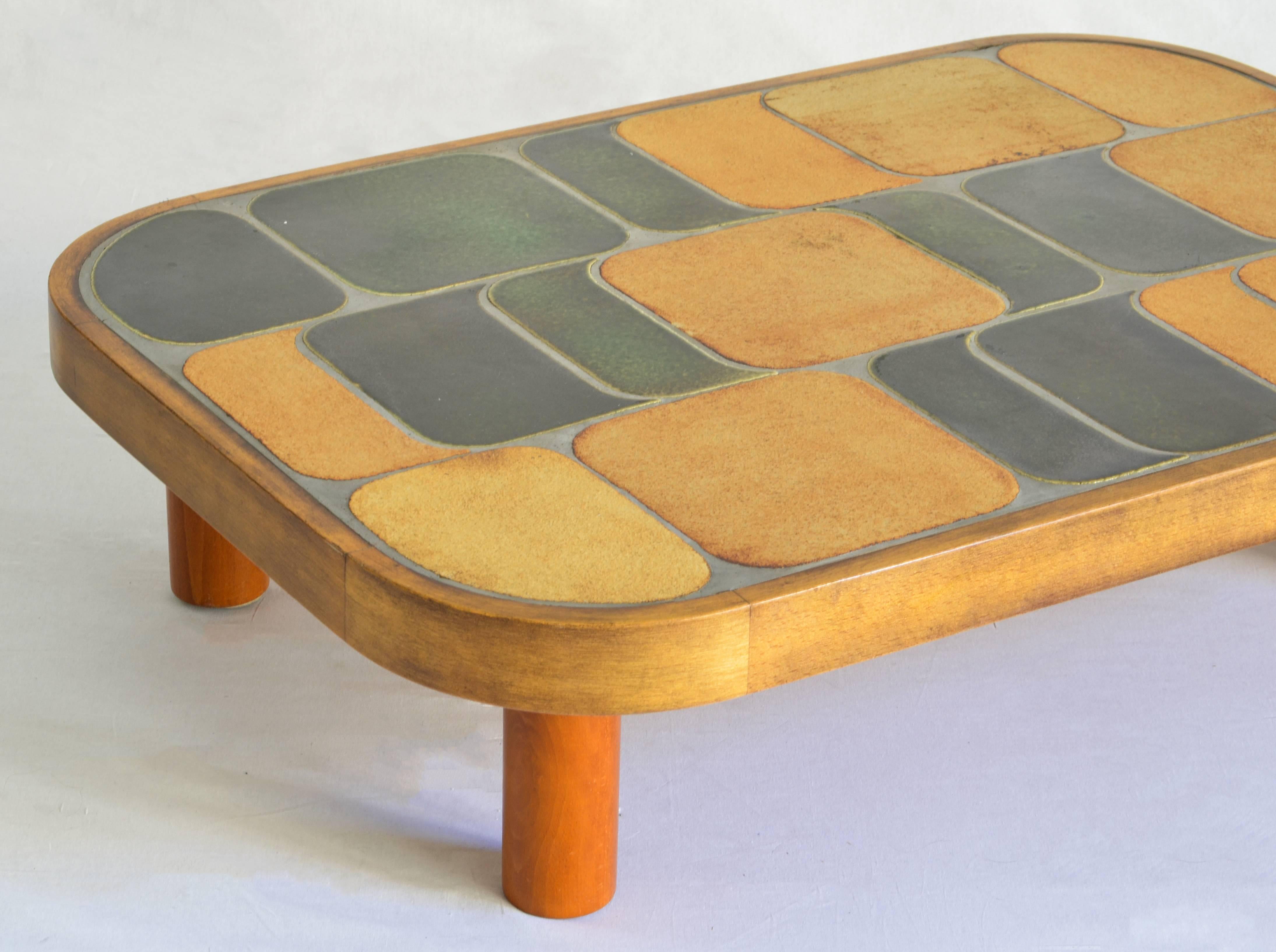 French Low Capron Table with Green and Beige Tile