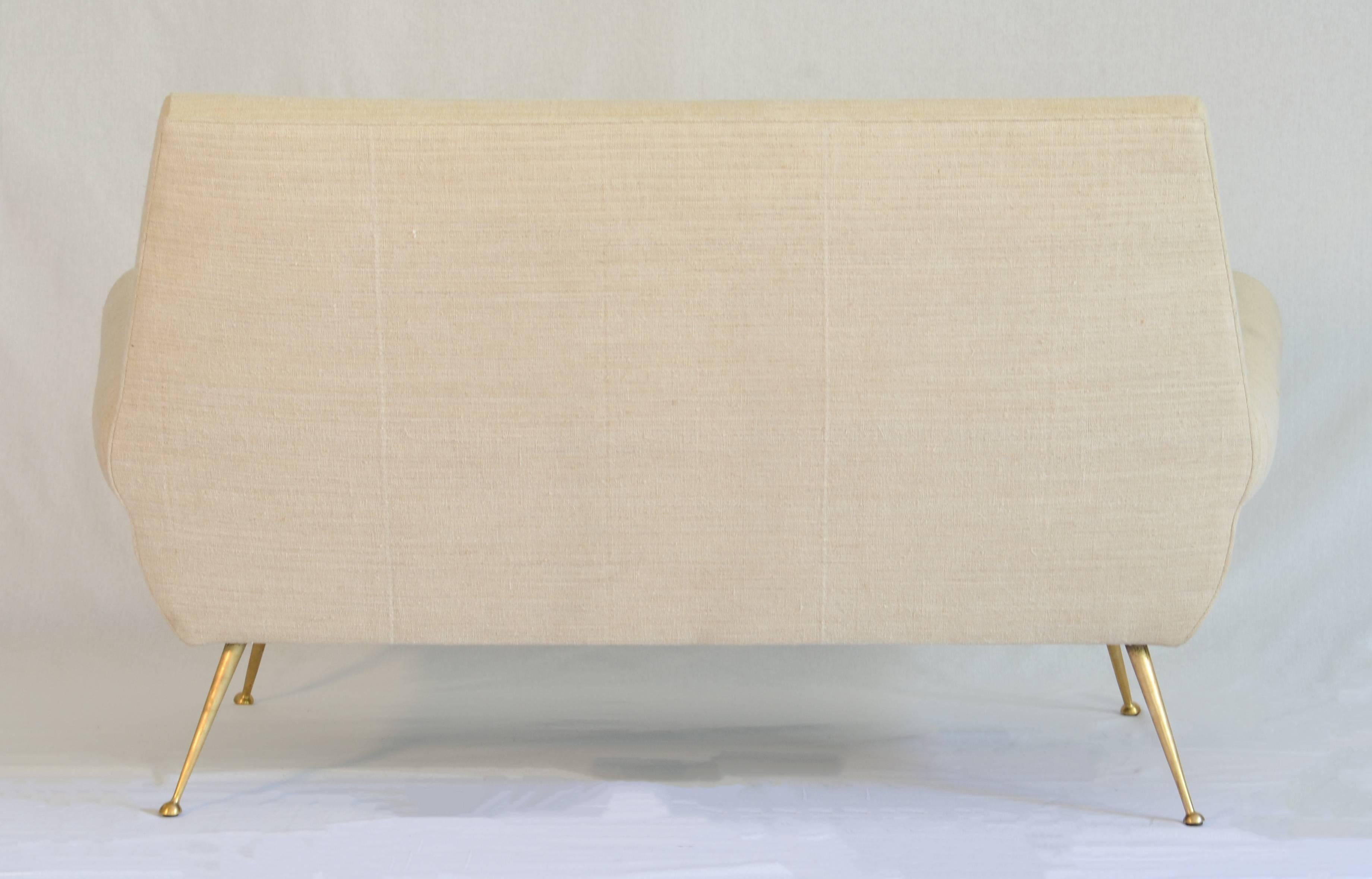 Mid-Century Modern 1960s Settee in Vintage French Linen with Brass Legs