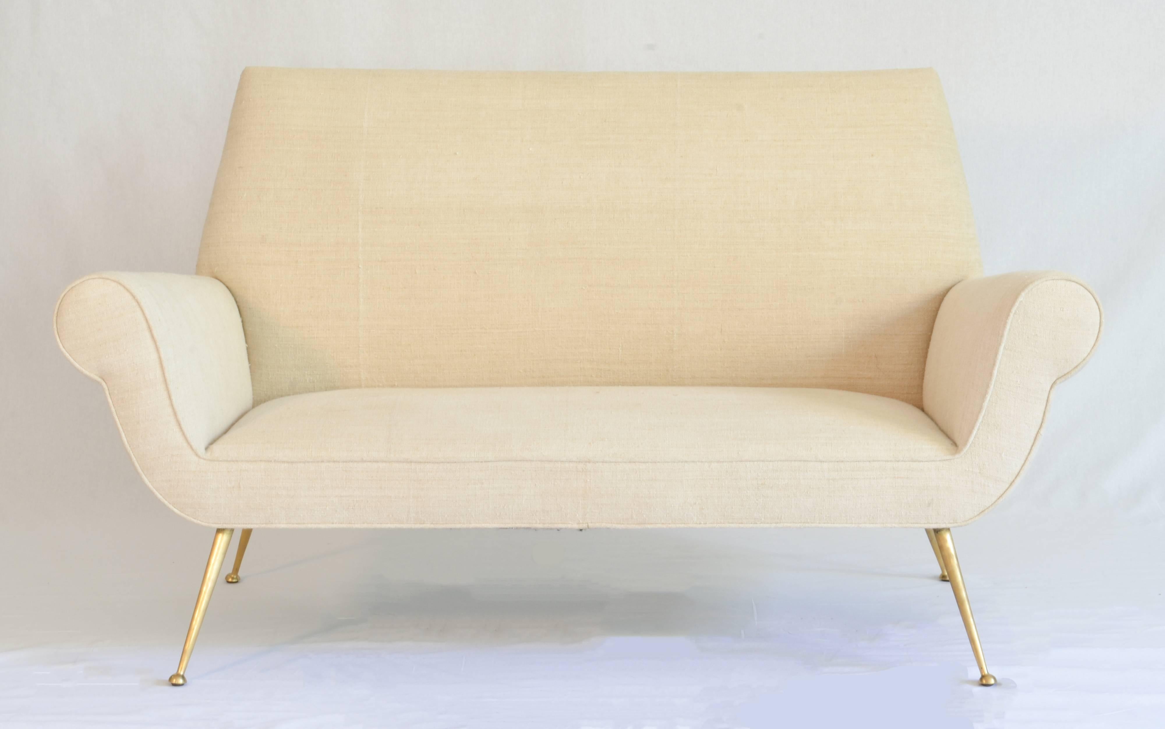 Mid-20th Century 1960s Settee in Vintage French Linen with Brass Legs