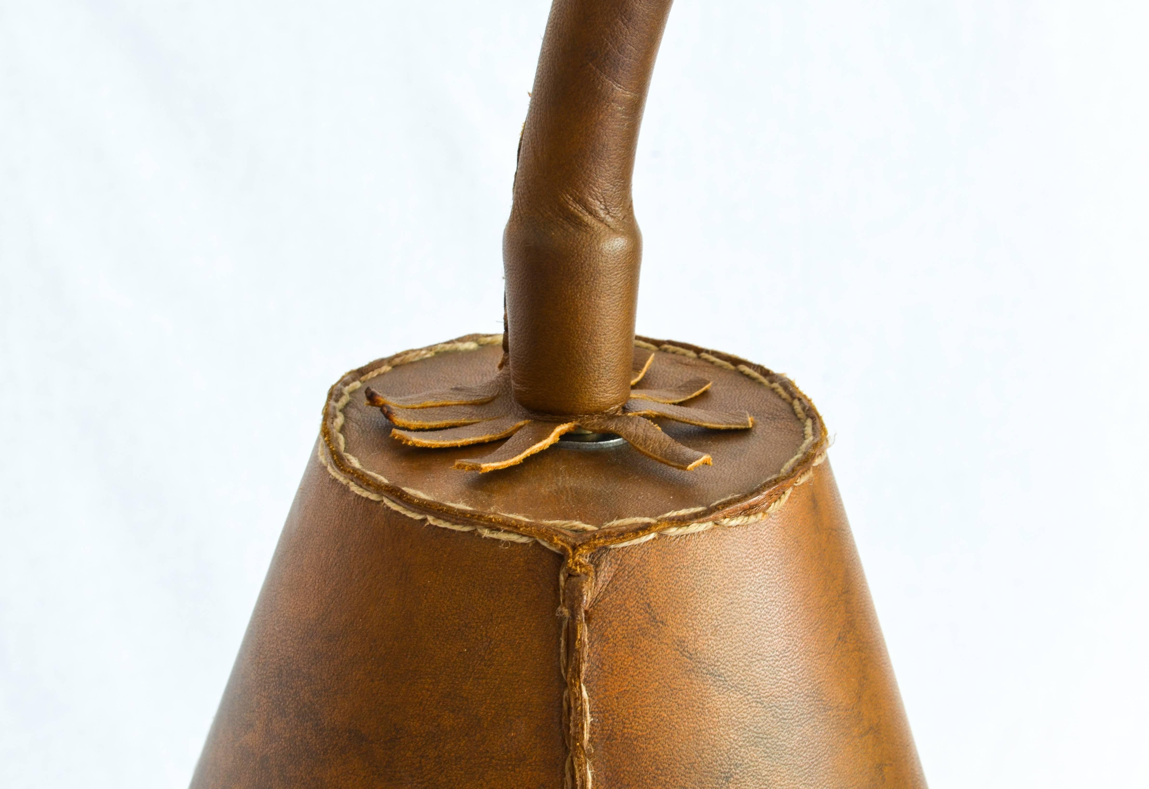 Vintage leather wrapped floor lamp with leather shade by Valenti, made in the 1960s in Spain.