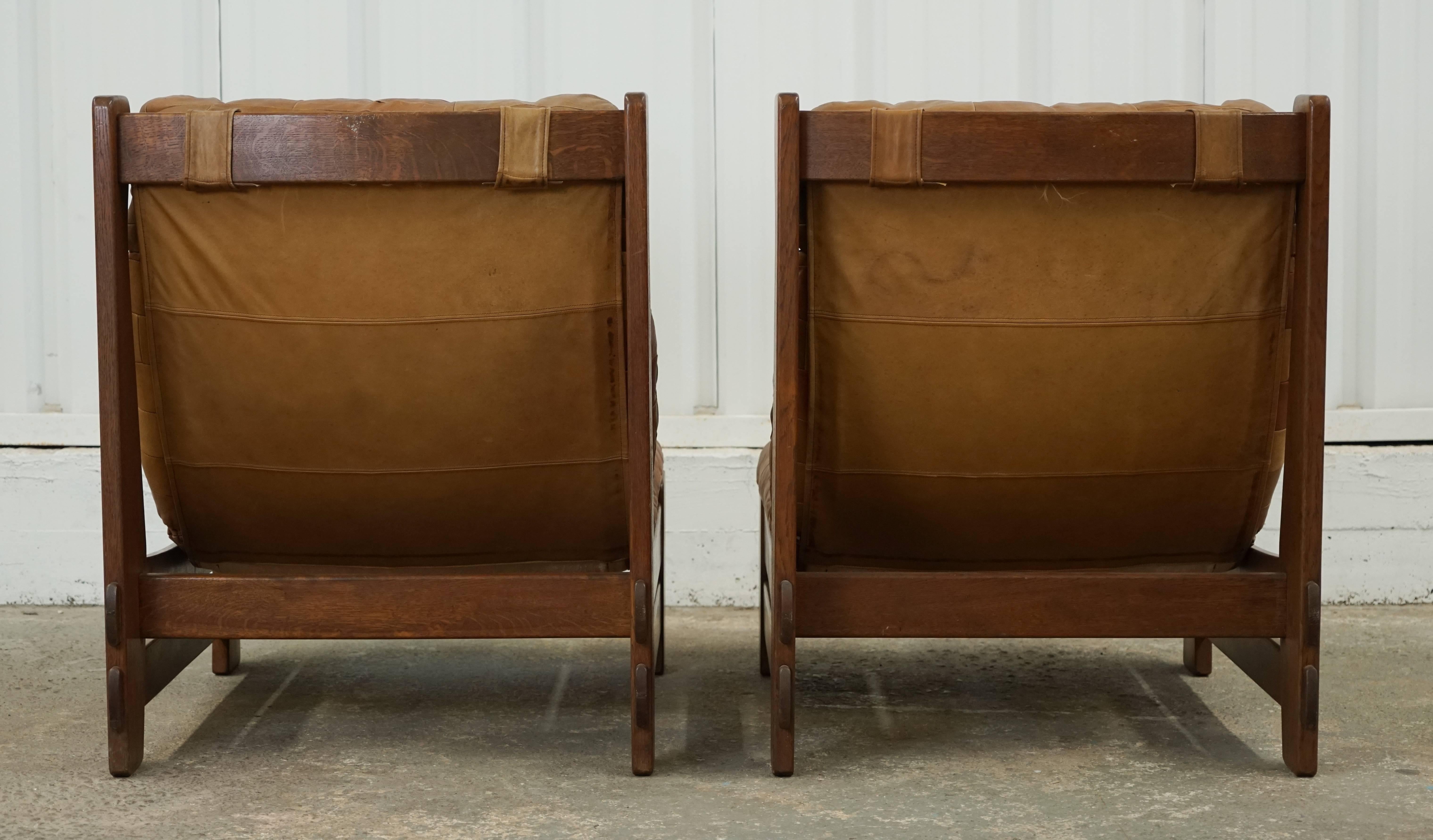 Swiss Pair of 1970s De Sede Patchwork Leather and Oak Sipper Chairs
