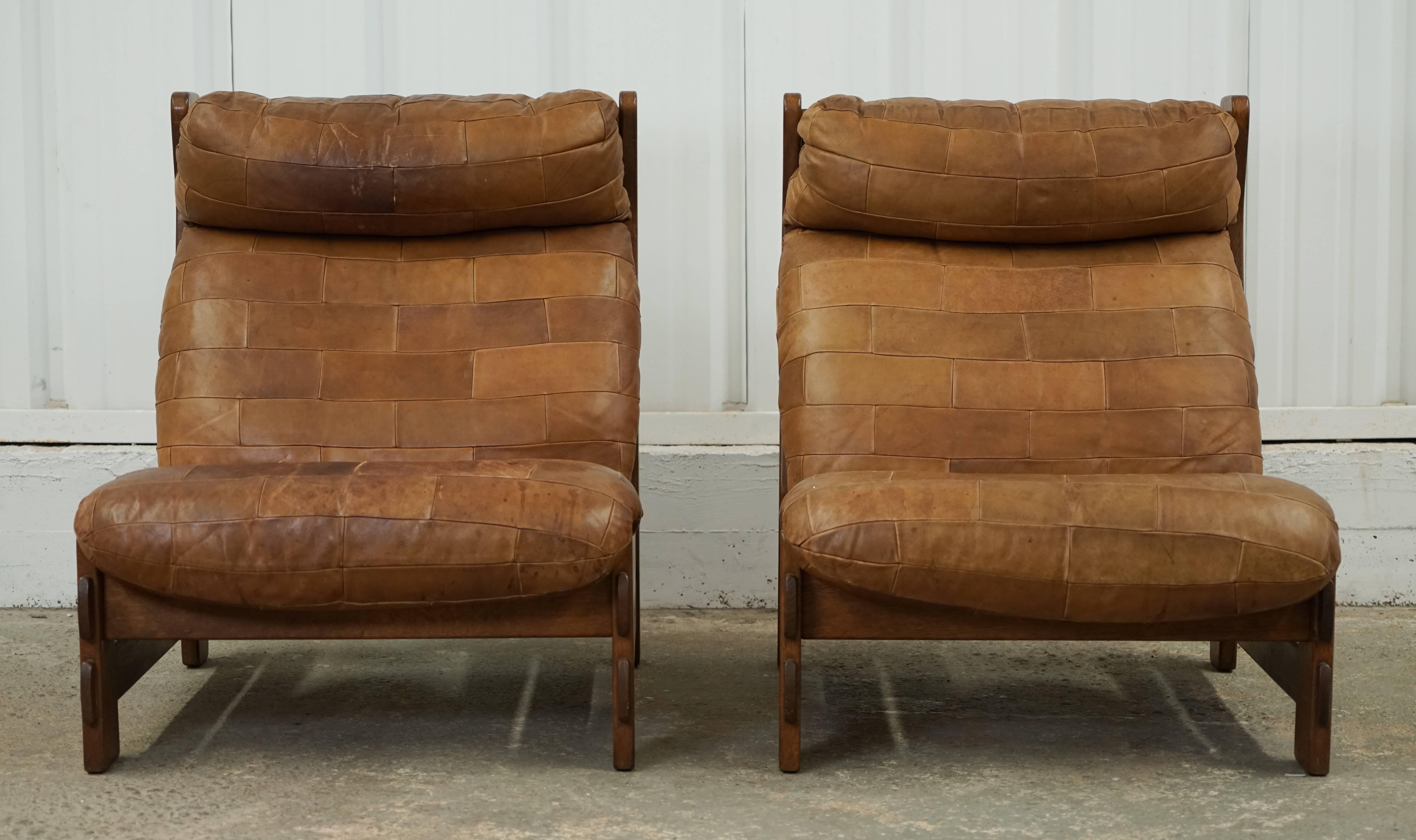 Pair of 1970s De Sede Patchwork Leather and Oak Sipper Chairs 1