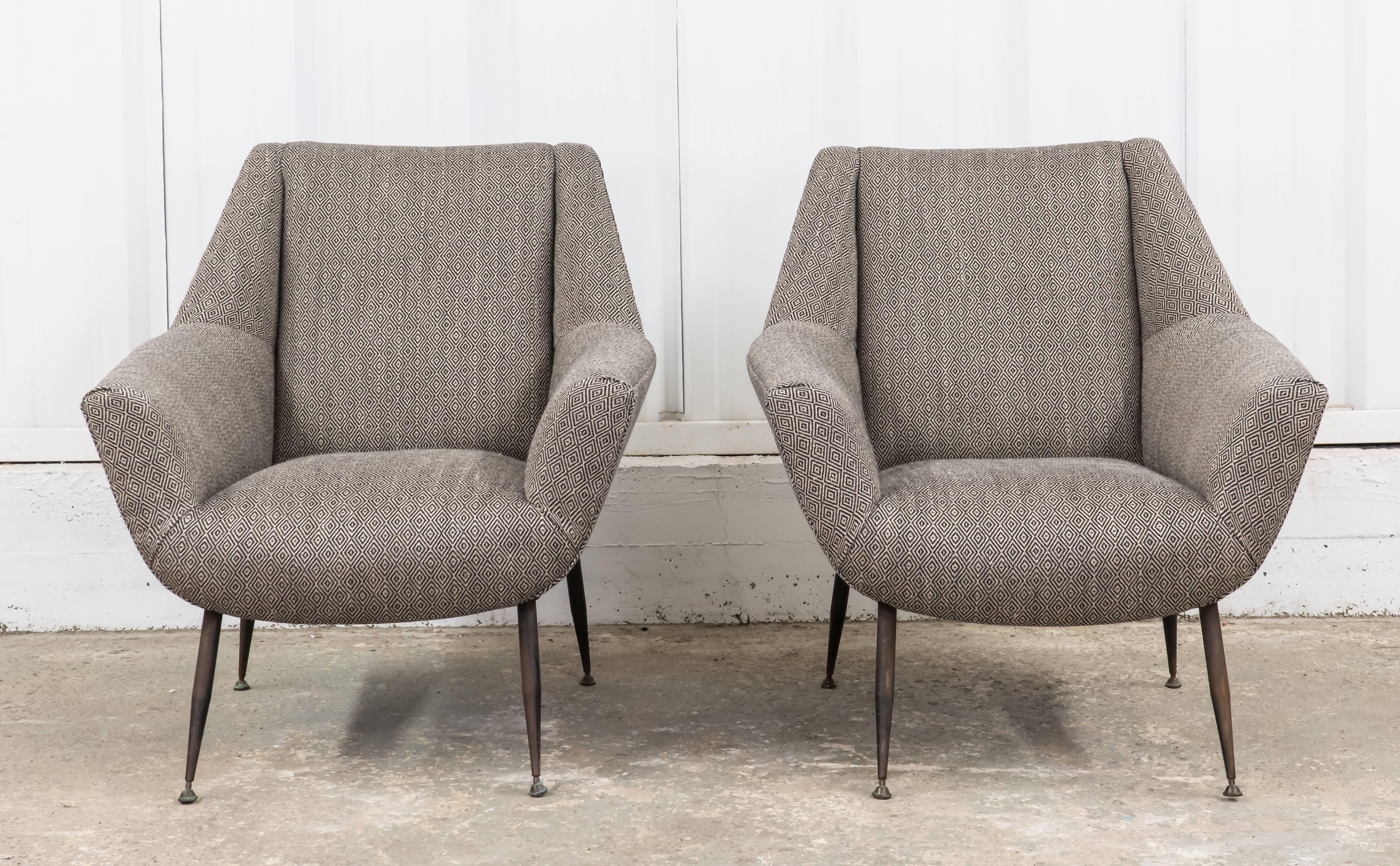 Pair of Italian brass-legged armchairs from the 1950s newly upholstered in Rogers & Goffigon linen/cotton toccata in coal. Fabulous condition!
 