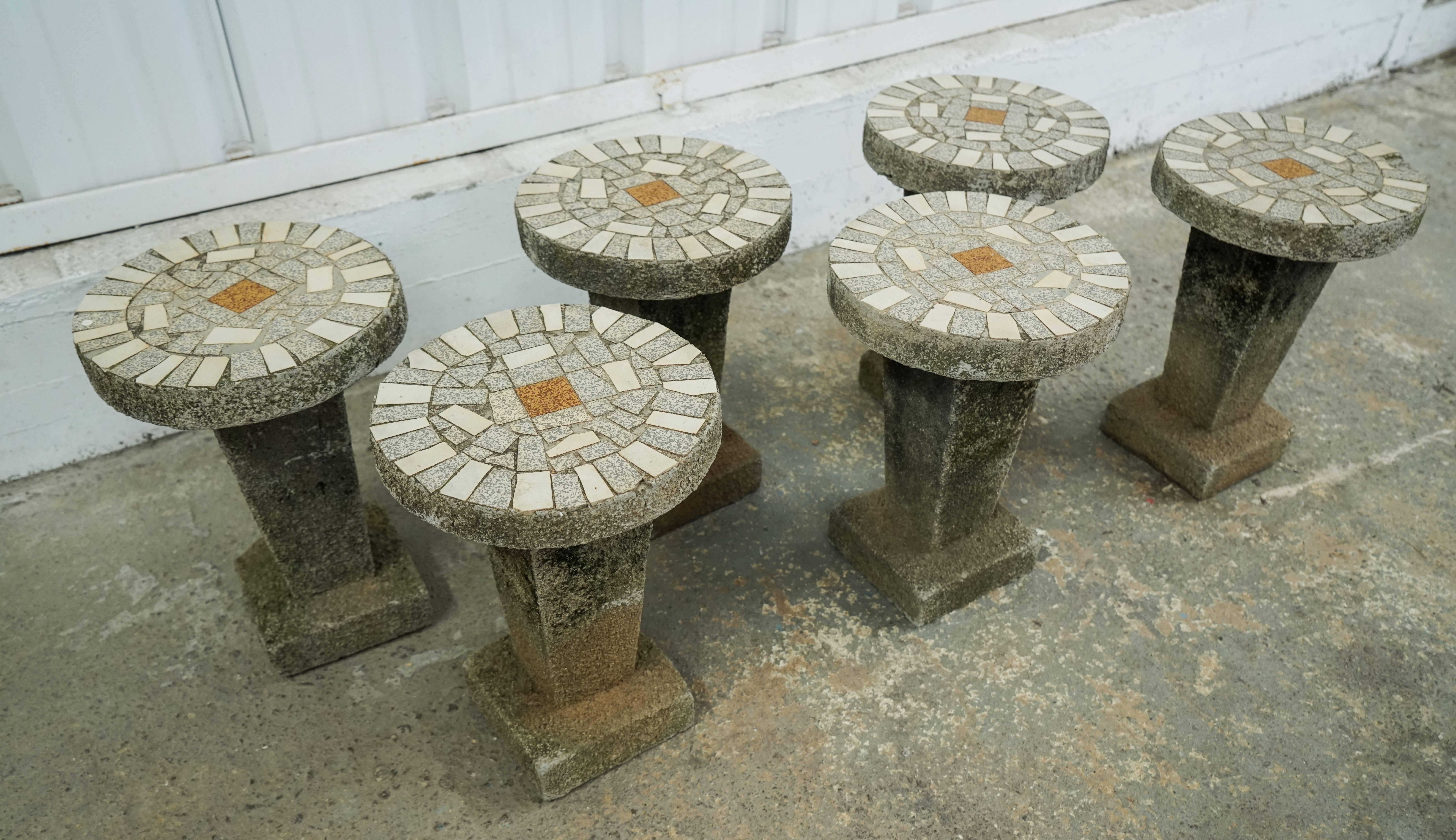 Six charming cement stools with mosaic tile top from France, 1950s. Each unique, see pics for details! Available individually if desired.