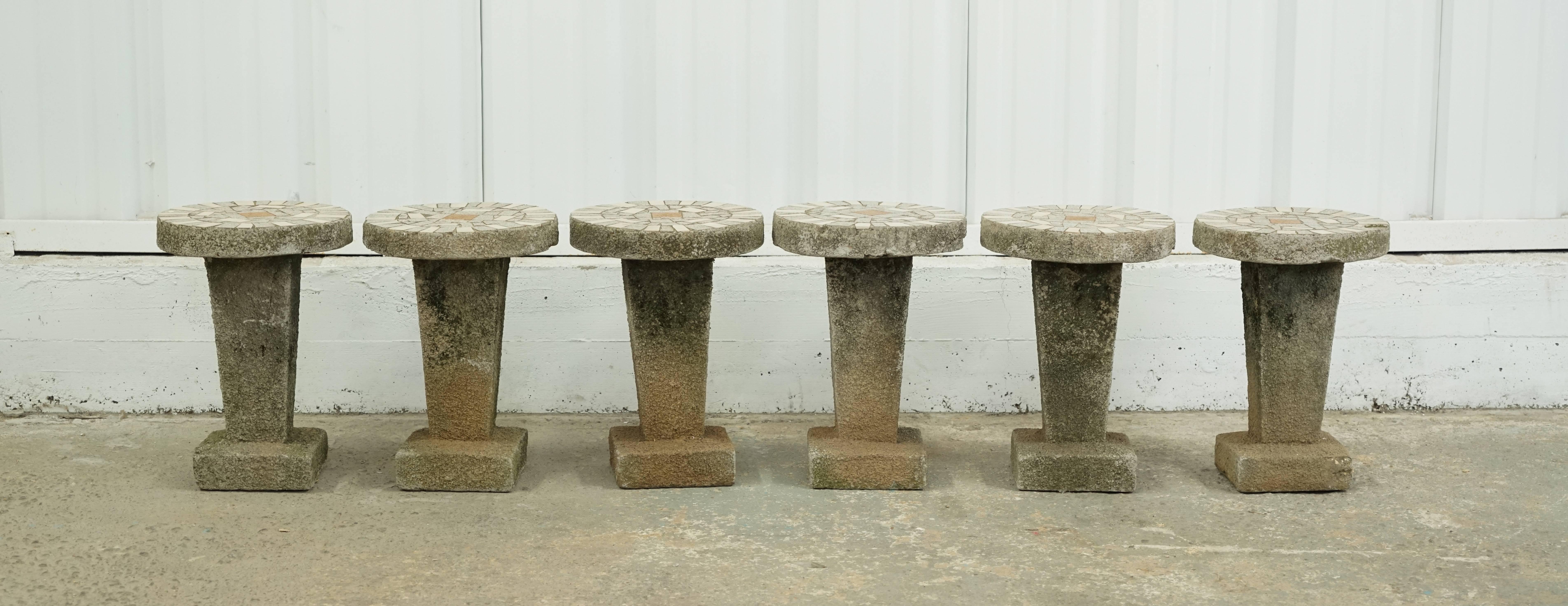 Mid-Century Modern Cement and Mosaic Tile Top Stools