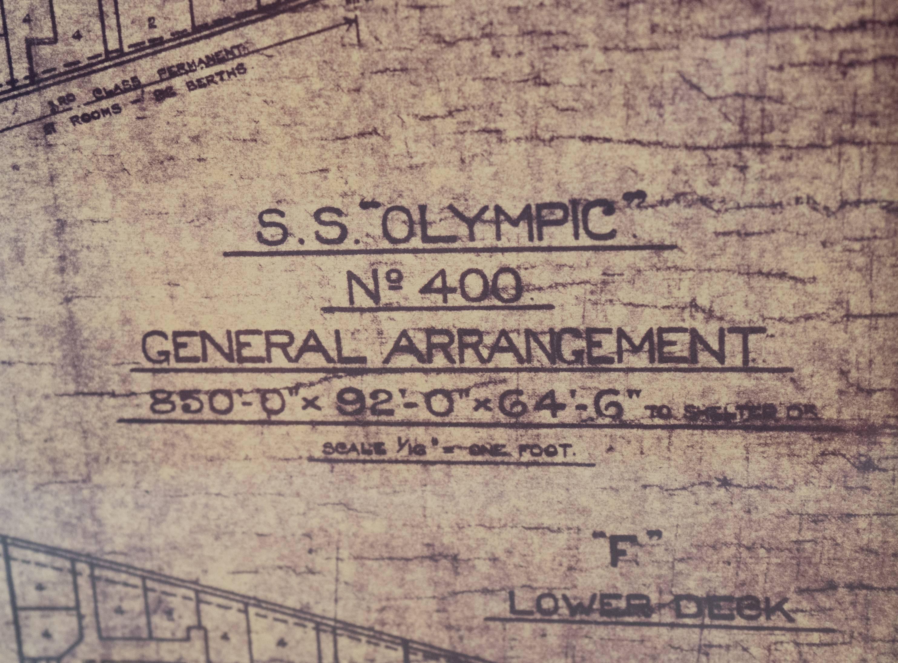 Early 20th Century Newly Framed S.S. Olympic Blueprint