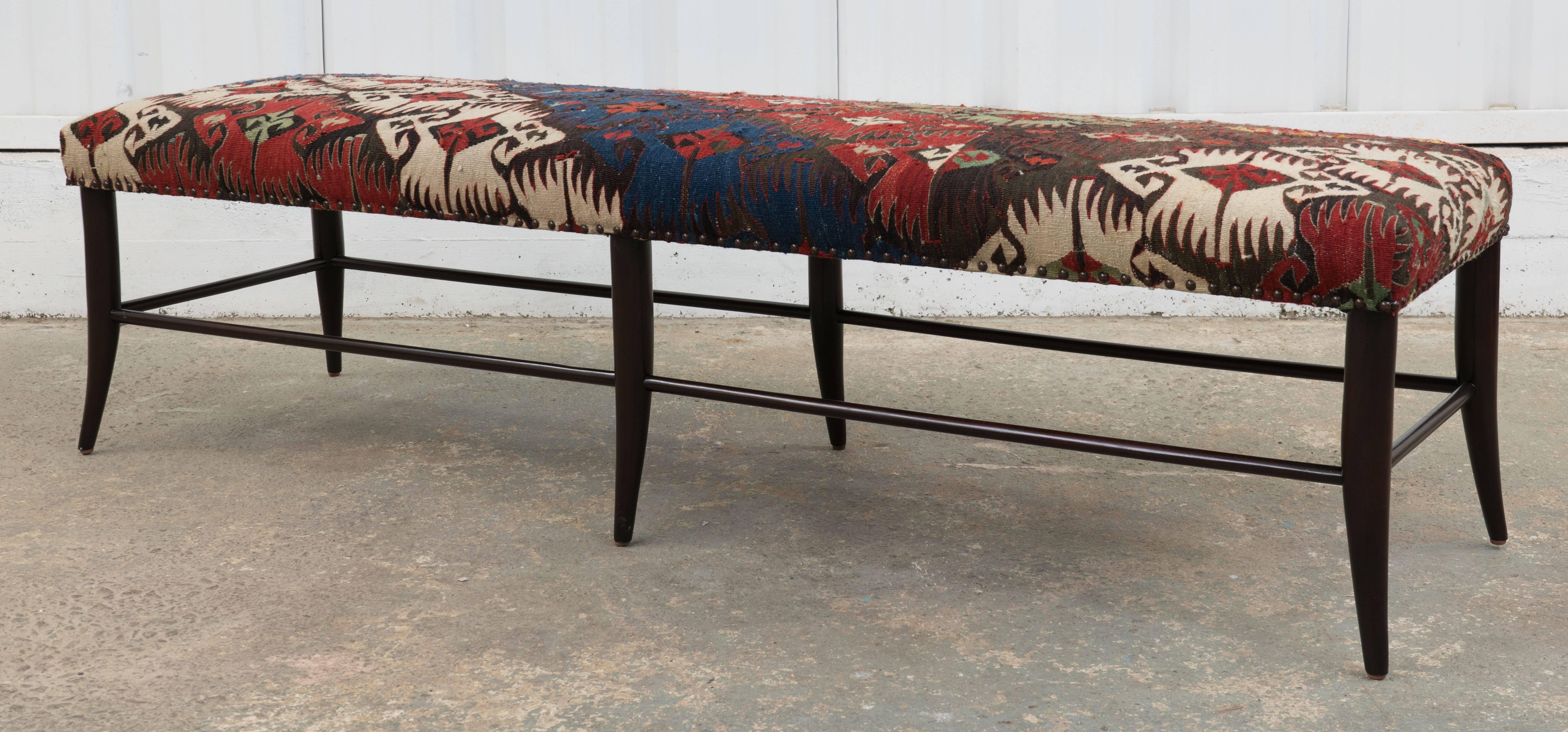 Hollywood at Home's Croft bench the base is handmade in Los Angeles and upholstered in a vintage Kilim rug/textile.