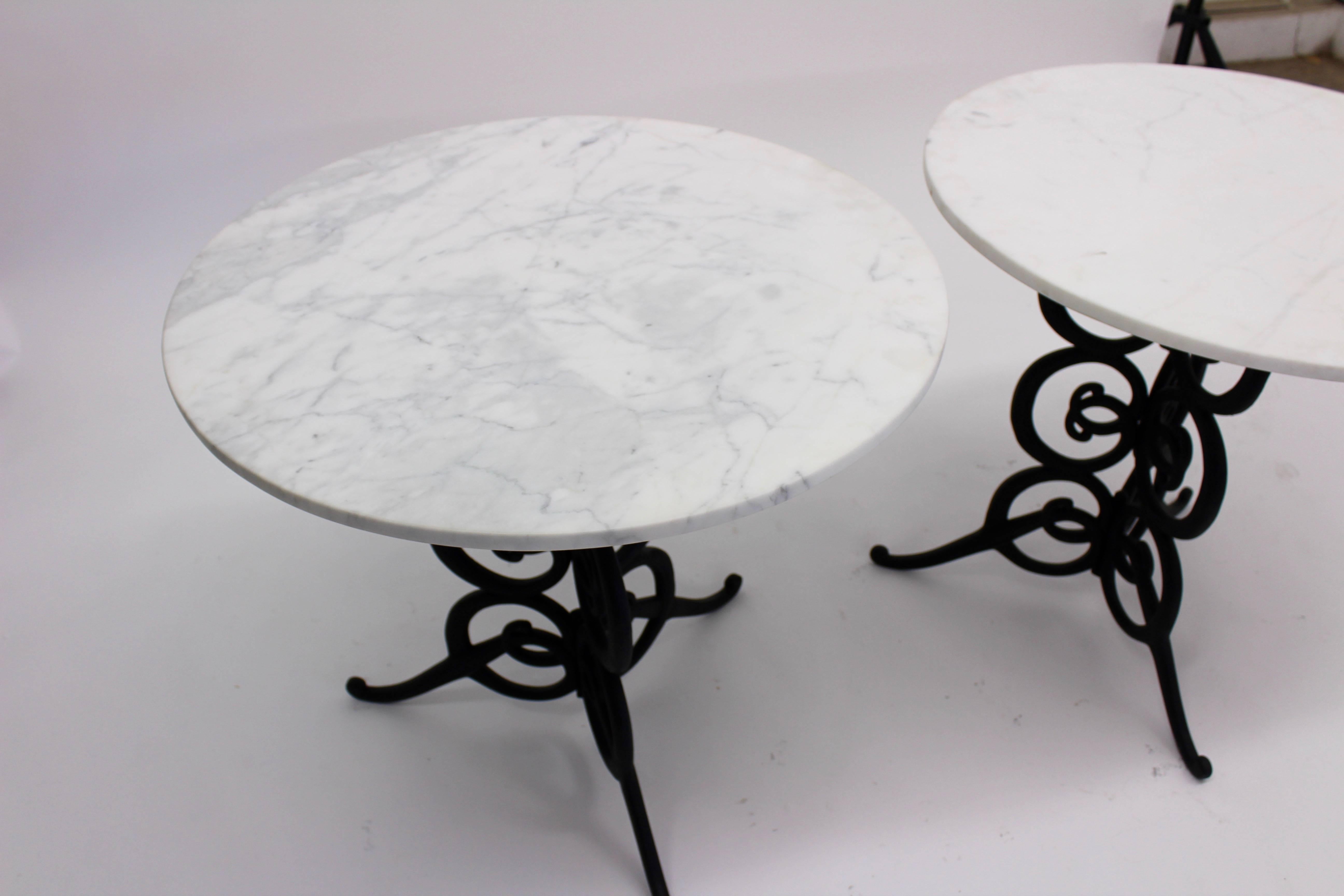French Vintage Italian Marble Tables with Iron Scroll Bases
