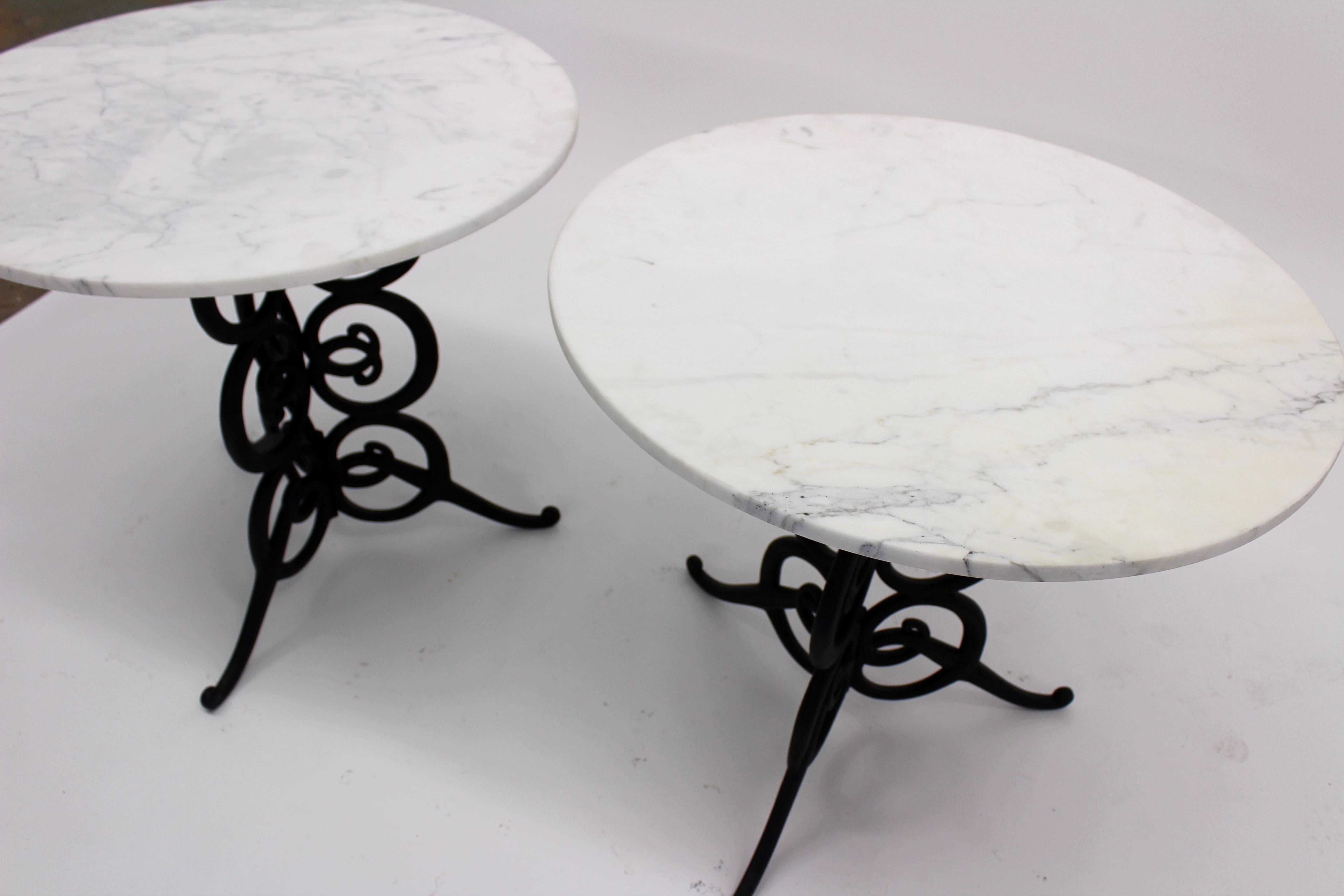 Vintage Italian Marble Tables with Iron Scroll Bases 1