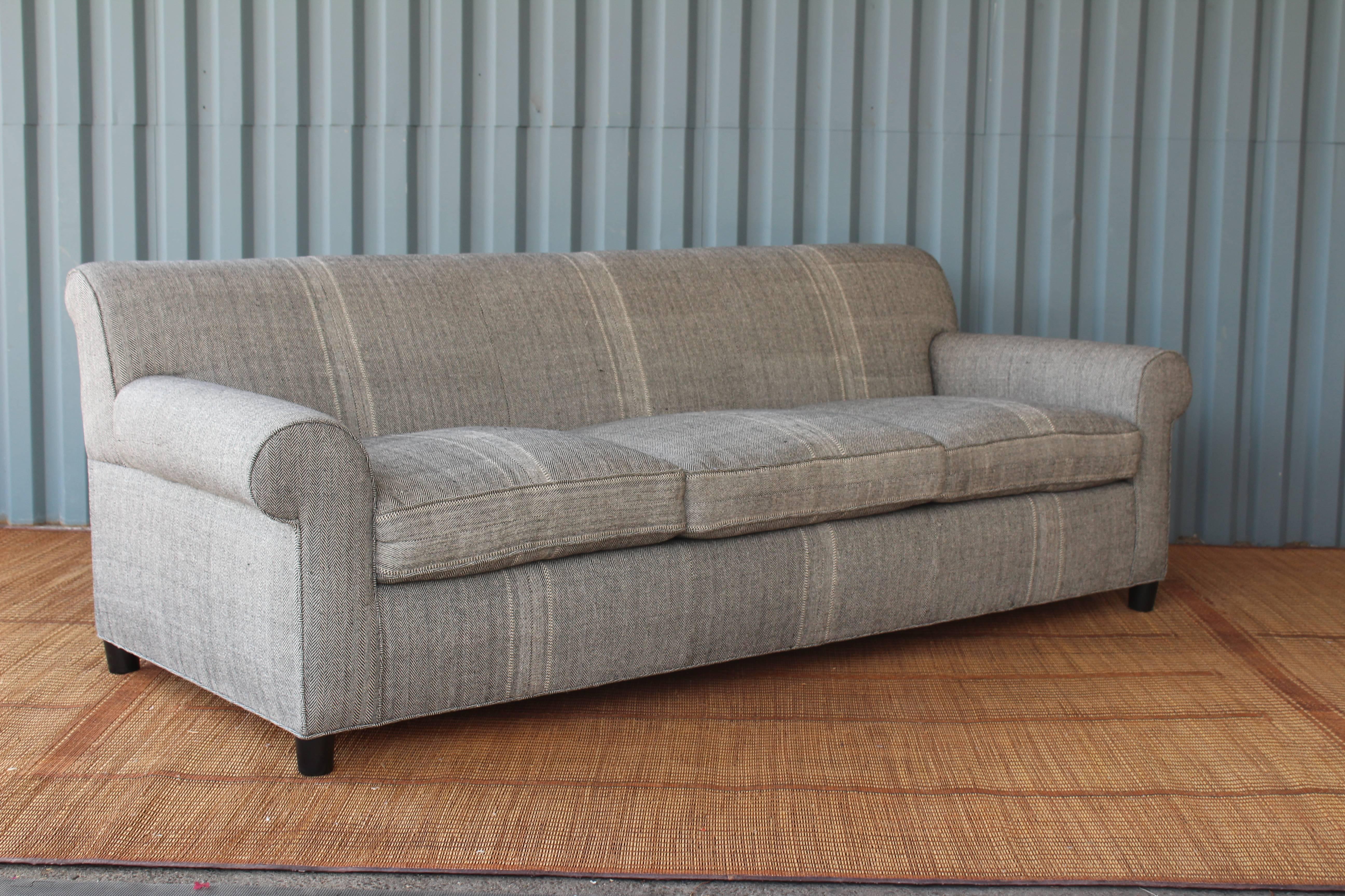 Great, Classic sofa newly upholstered in a hand-loomed black and white cotton textiles from India.