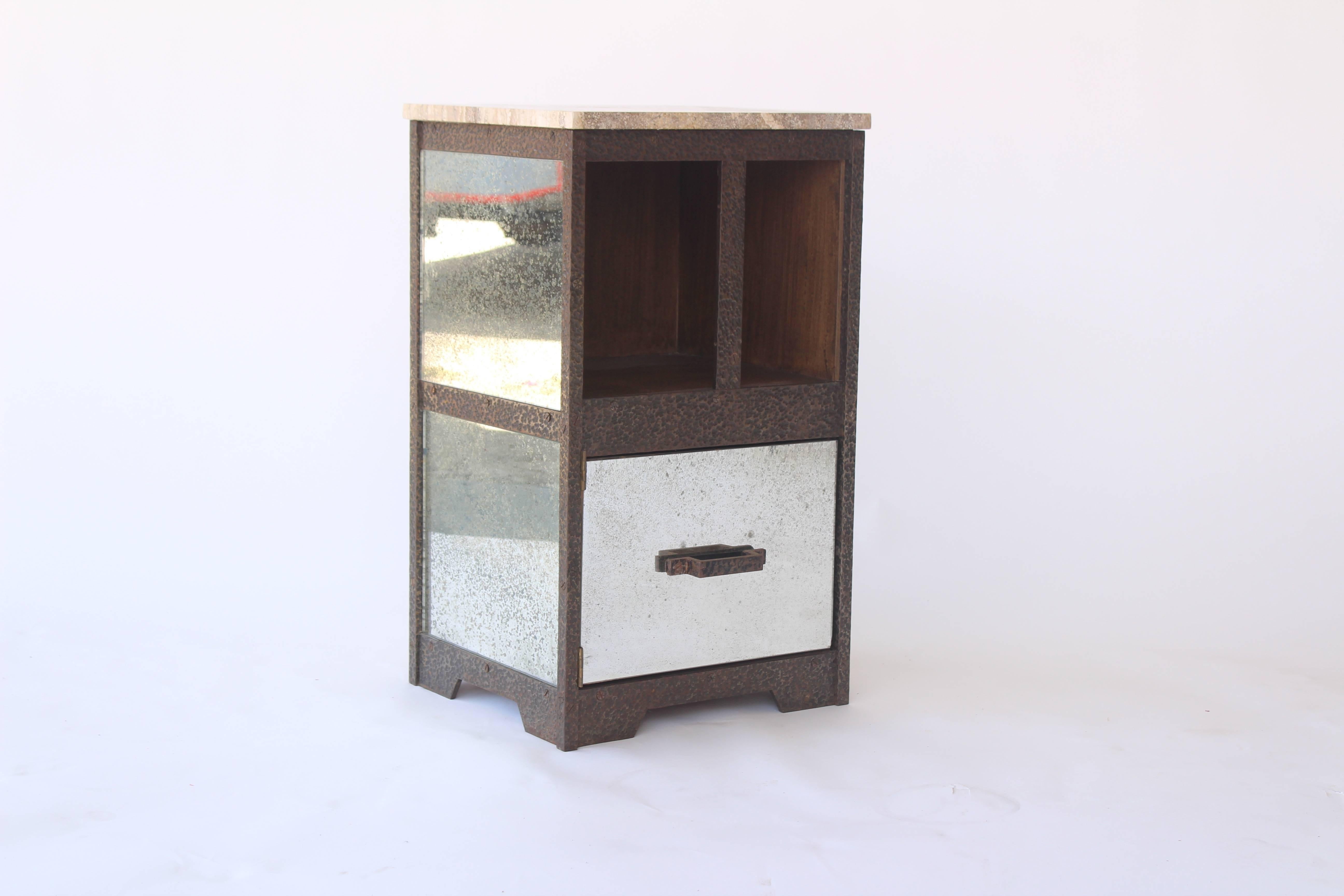 French Pair of Iron and Antiqued Mirror End Tables with Limestone Tops