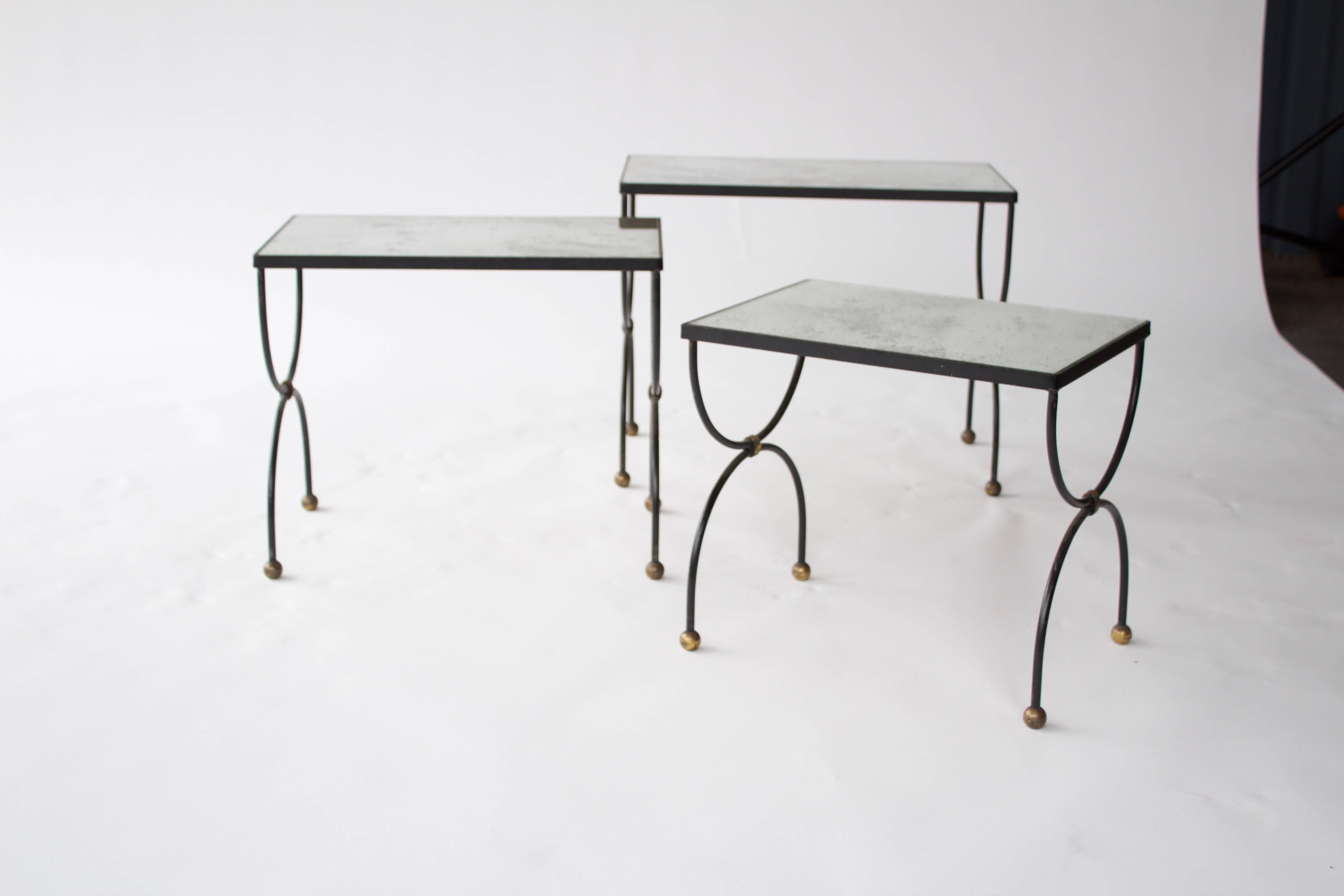 Brass French 1950s Iron and Antiqued Mirror Nesting Tables