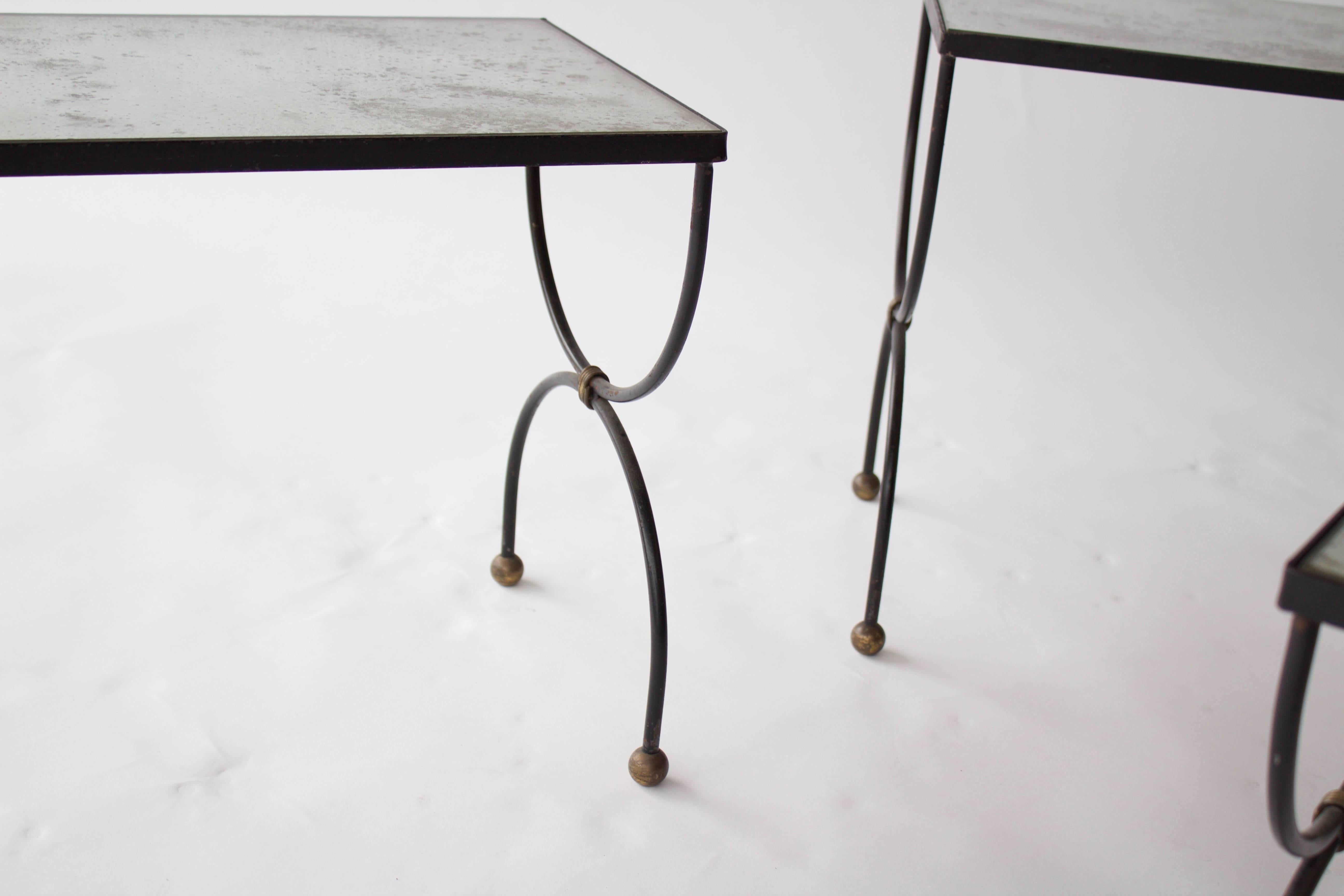 French 1950s Iron and Antiqued Mirror Nesting Tables 1