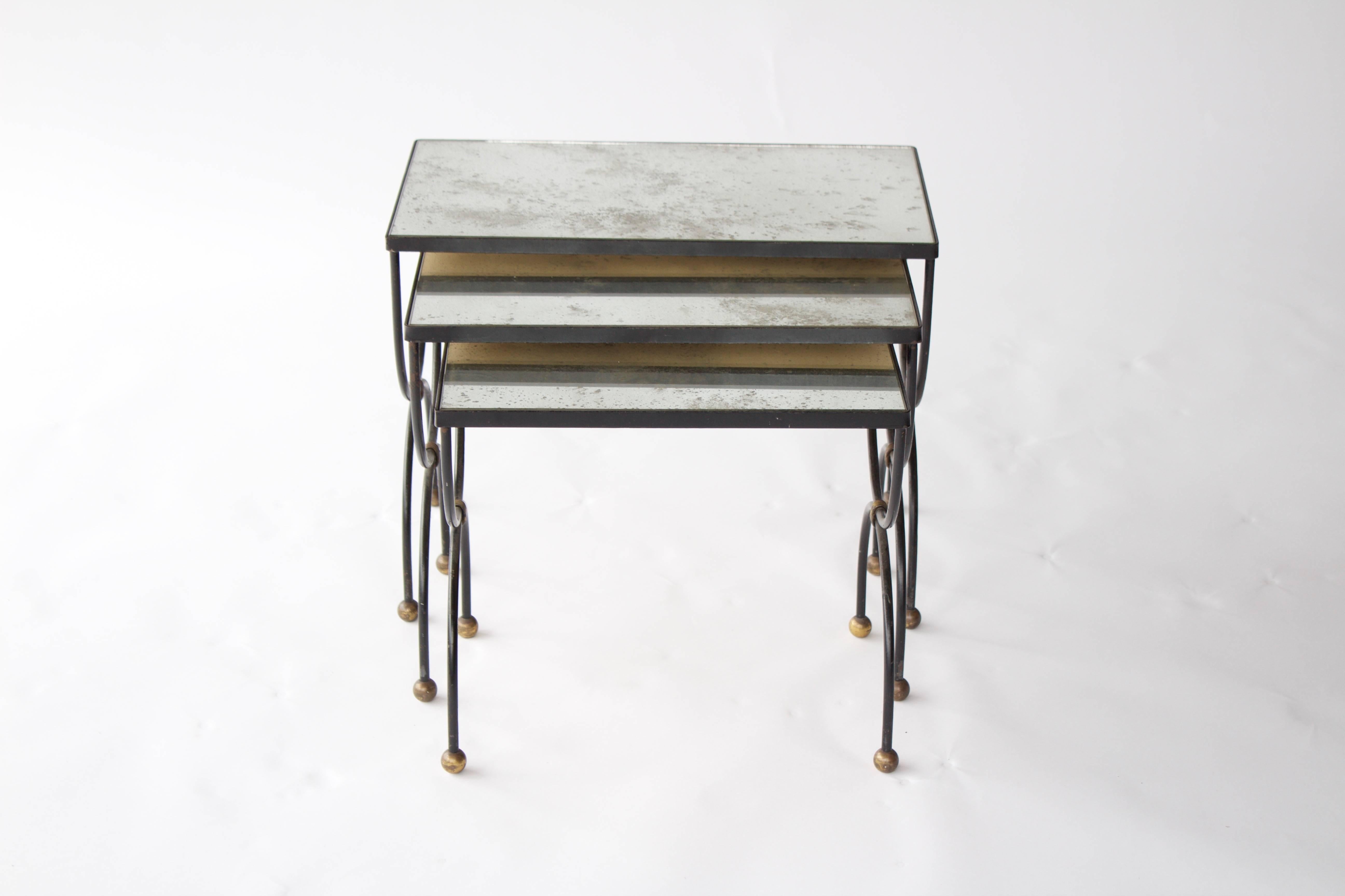 Mid-Century Modern French 1950s Iron and Antiqued Mirror Nesting Tables