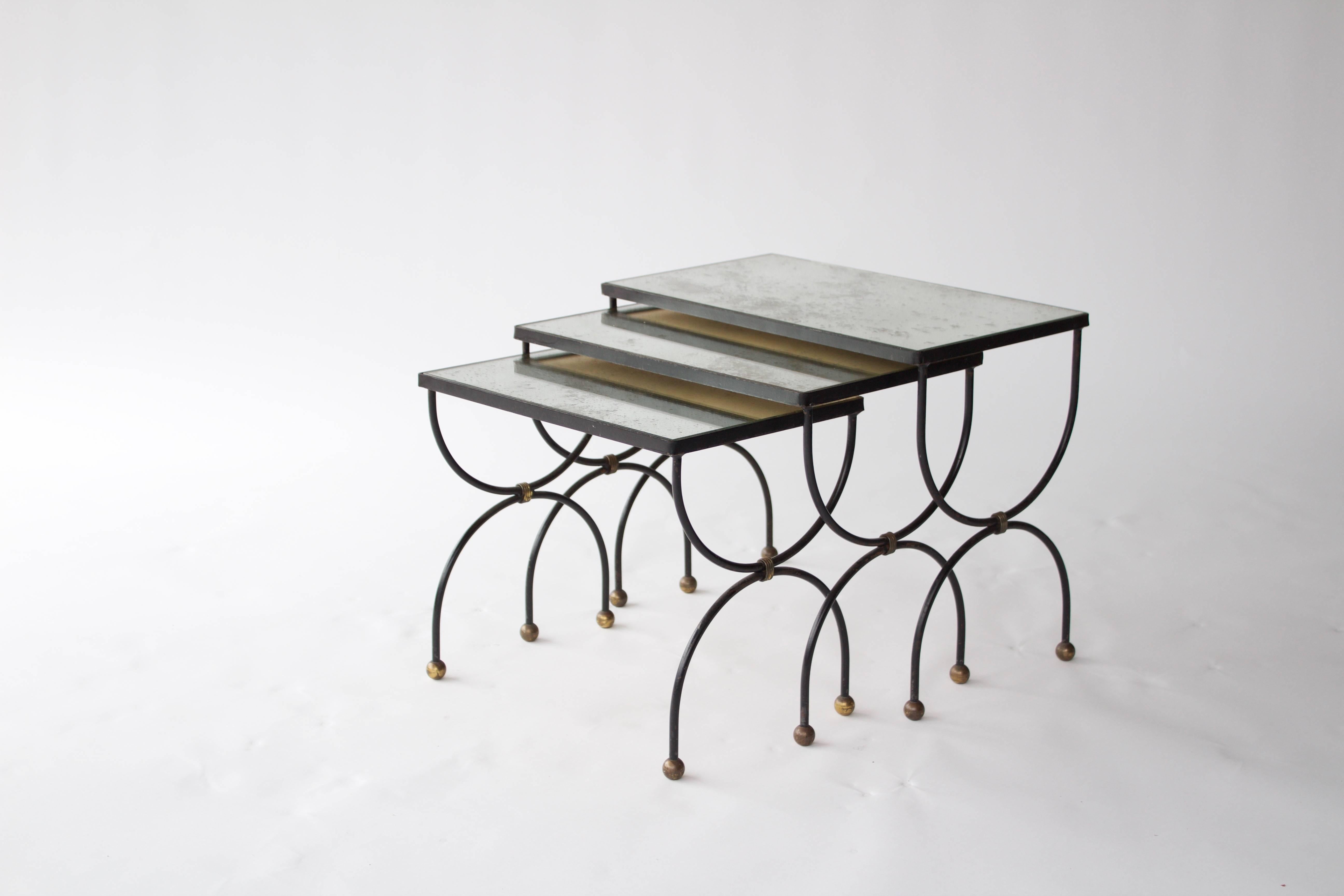 French 1950s Iron and Antiqued Mirror Nesting Tables 3