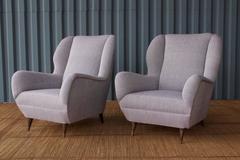 Pair of 1950s Italian Mid-Century Winged Armchairs in Handwoven Cotton Fabric