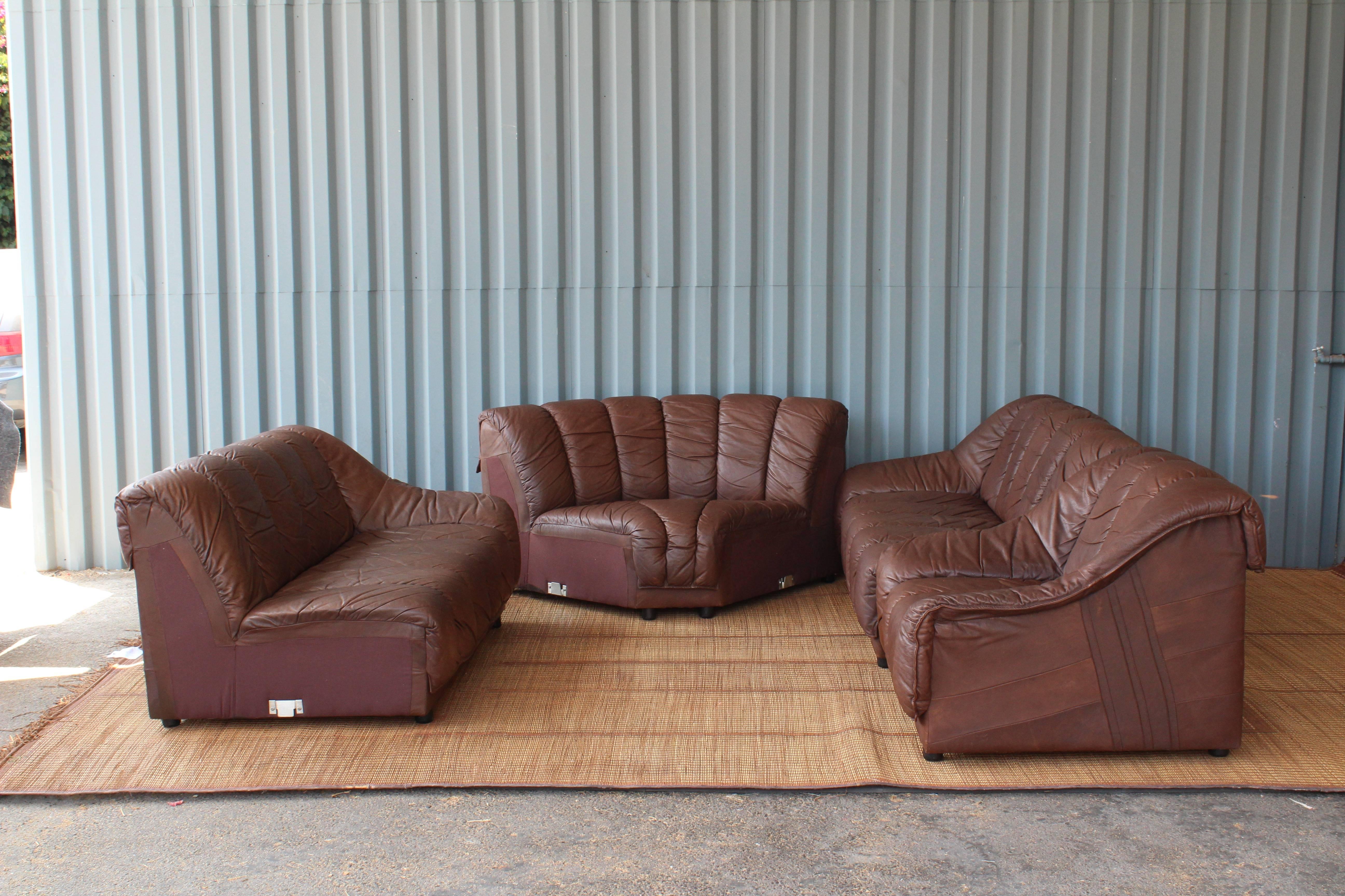 French 1970s Genuine Leather Sectional Sofa
