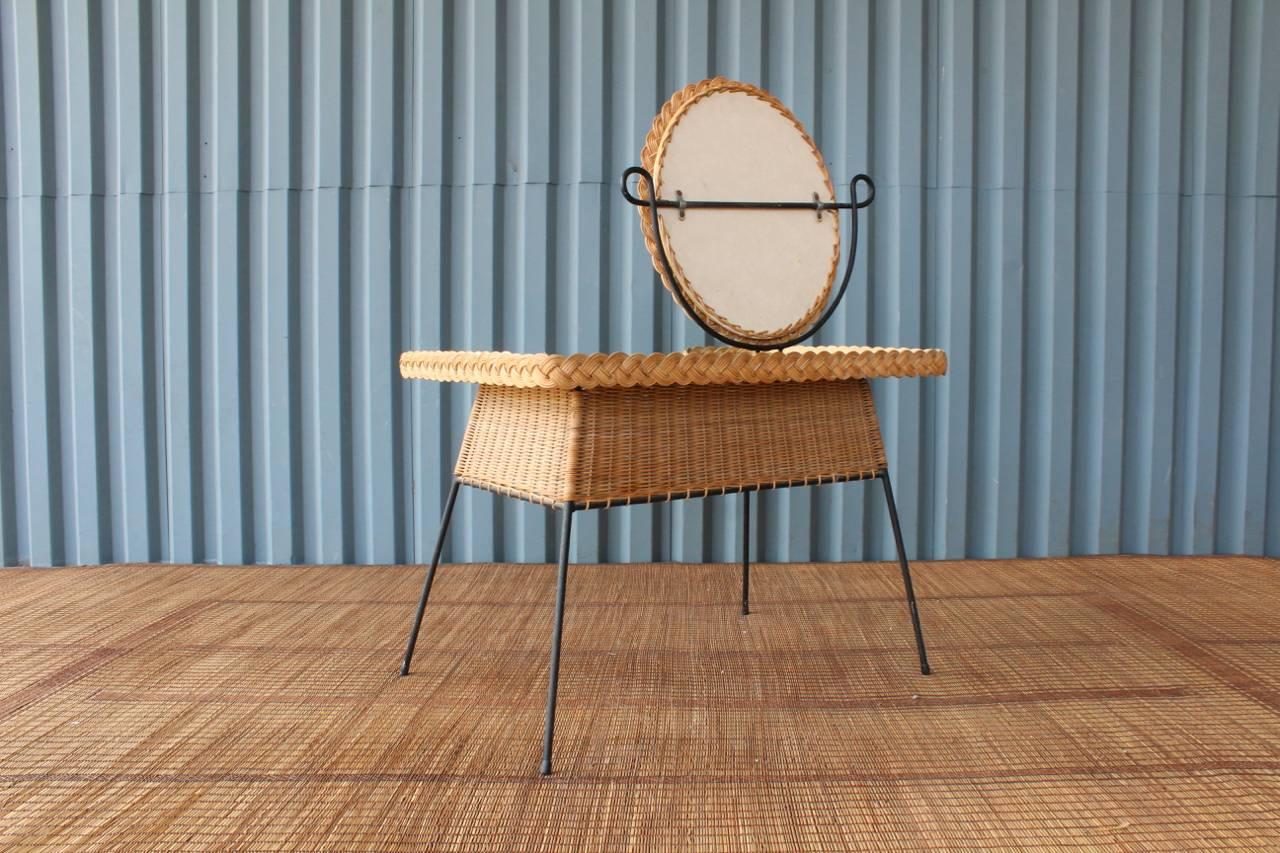 Mid-20th Century Vintage Wicker and Iron Vanity