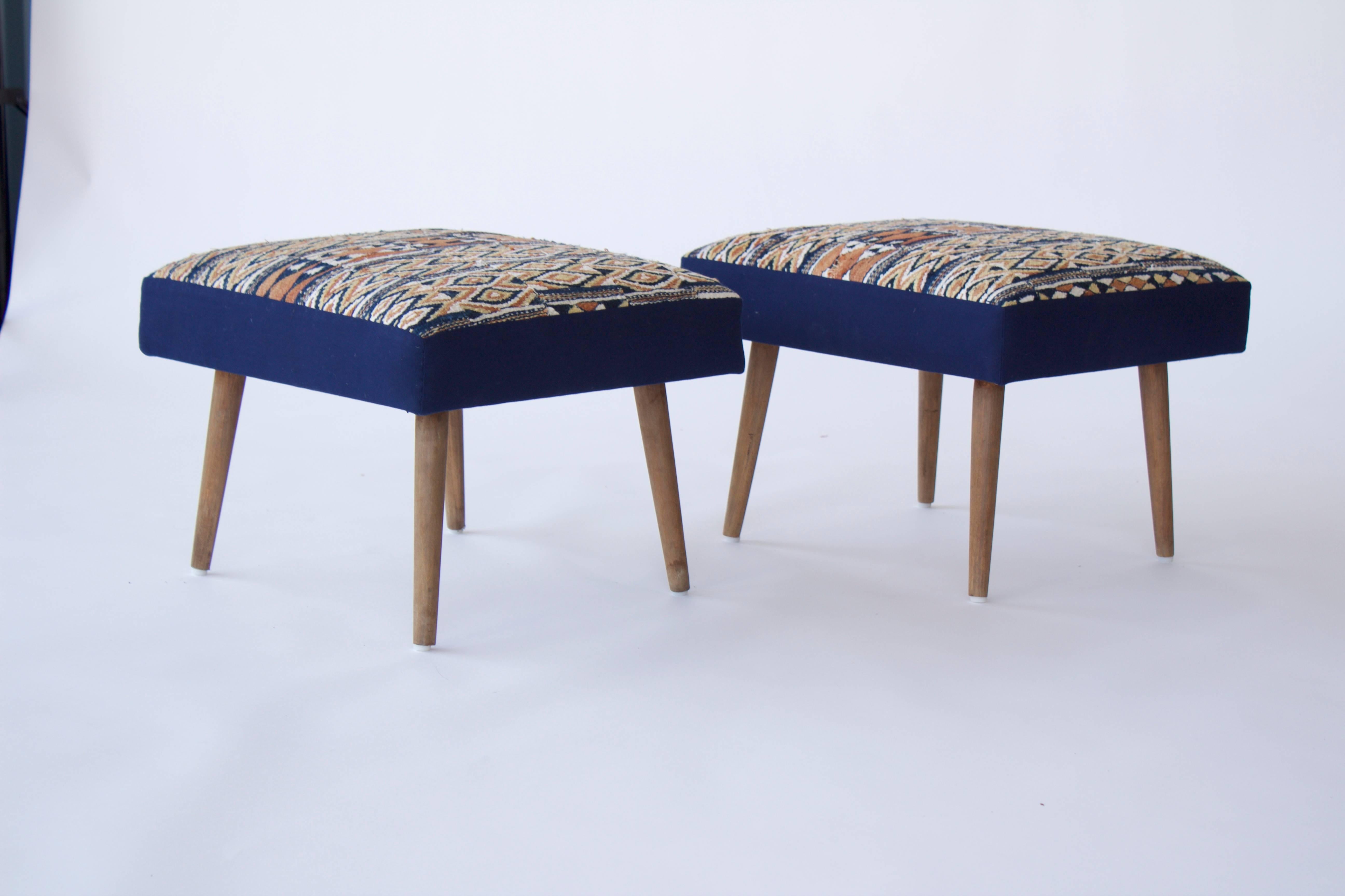 Mid-Century Modern Pair of Vintage French Stools with Vintage African Textile