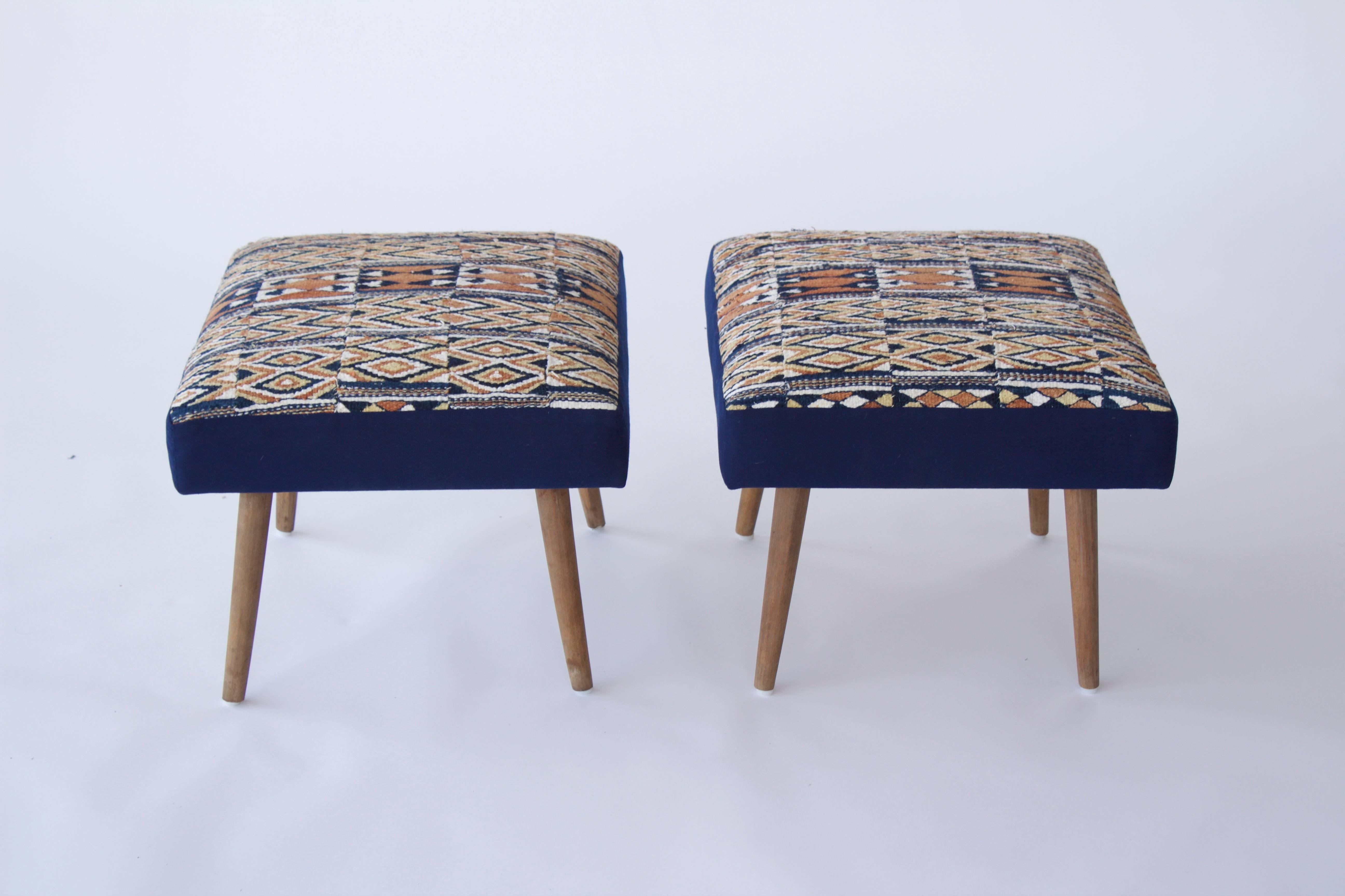 20th Century Pair of Vintage French Stools with Vintage African Textile