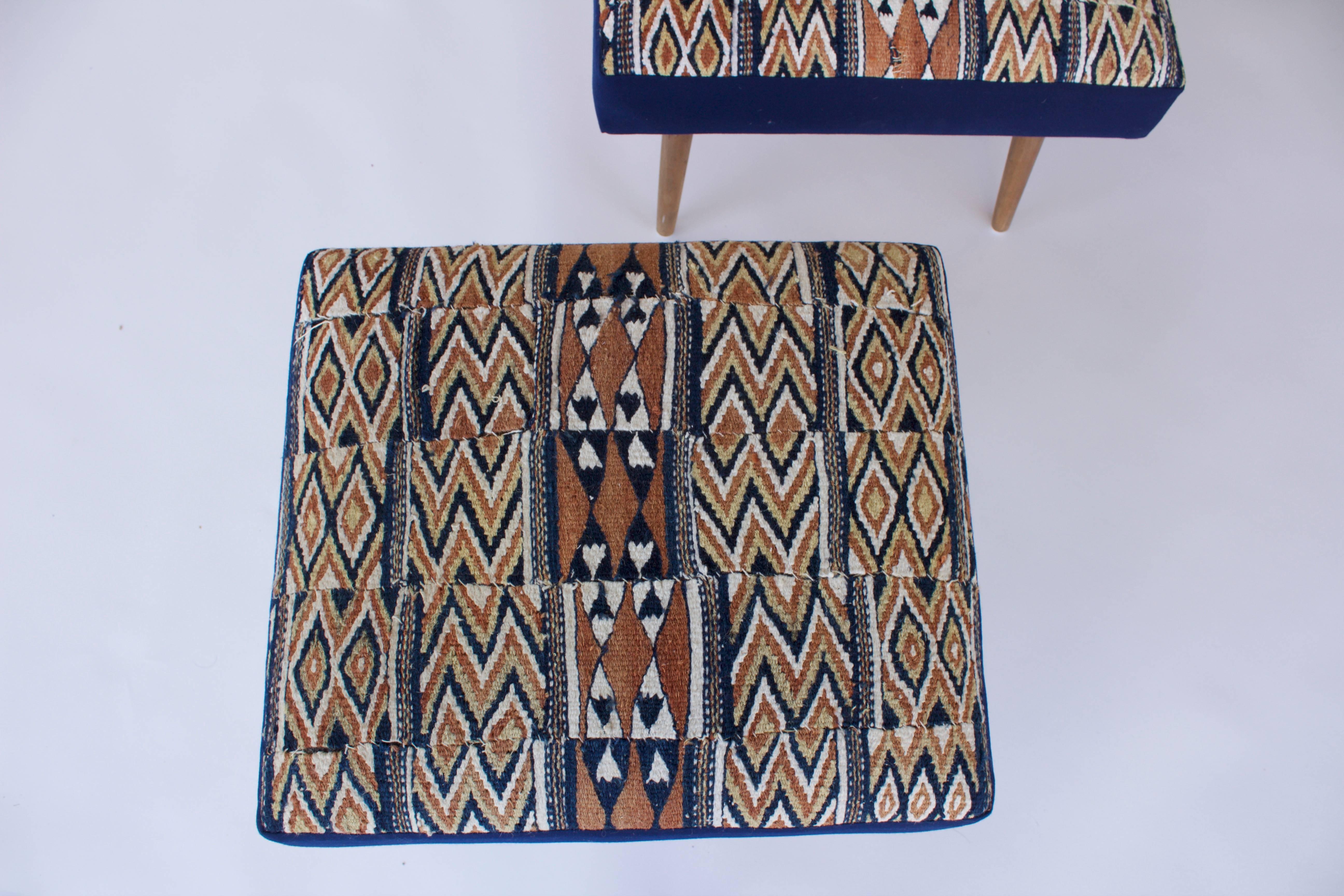 Pair of Vintage French Stools with Vintage African Textile 2