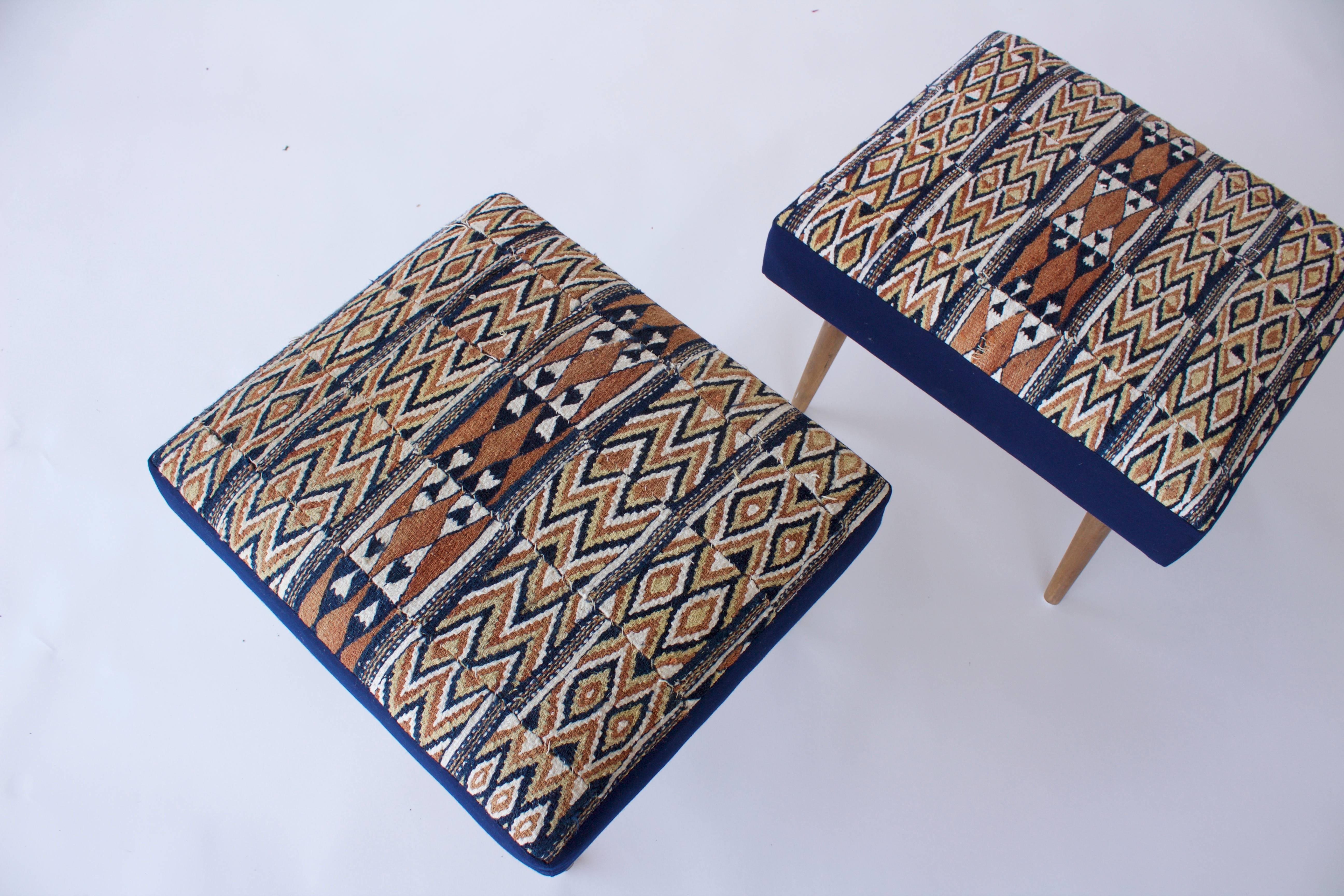 Pair of Vintage French Stools with Vintage African Textile 3