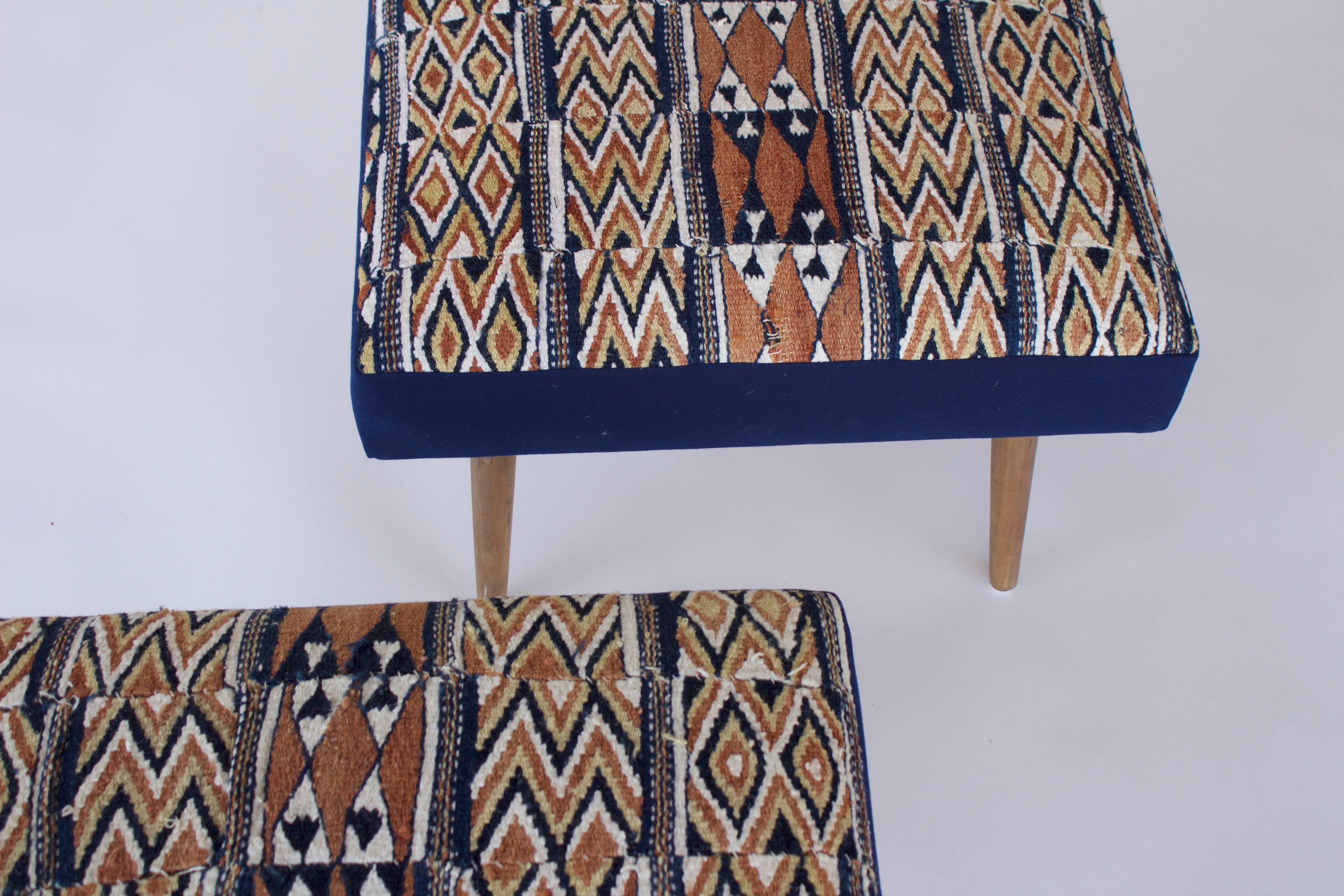 Pair of Vintage French Stools with Vintage African Textile 4